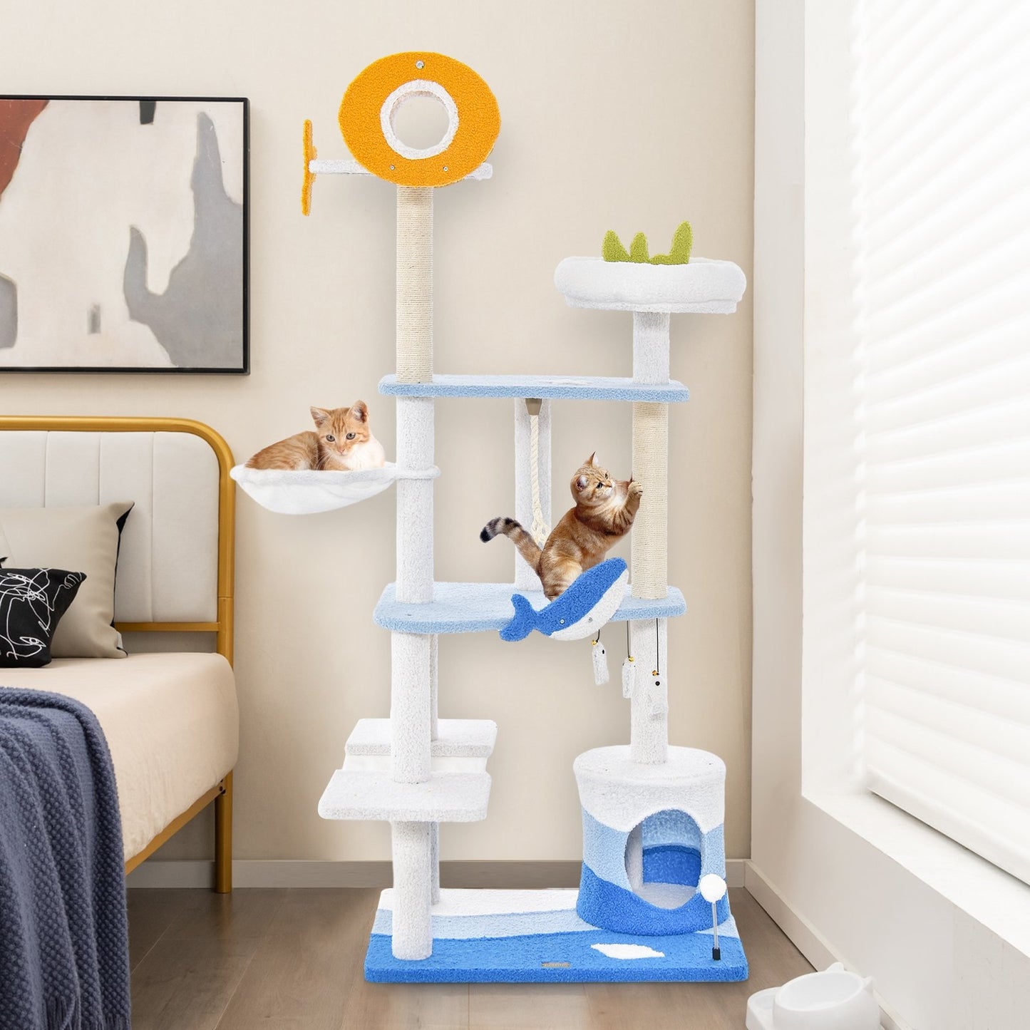 Multi-level Ocean-themed Cat Tree Tower with Sisal Covered Scratching Posts, Blue - Gallery Canada