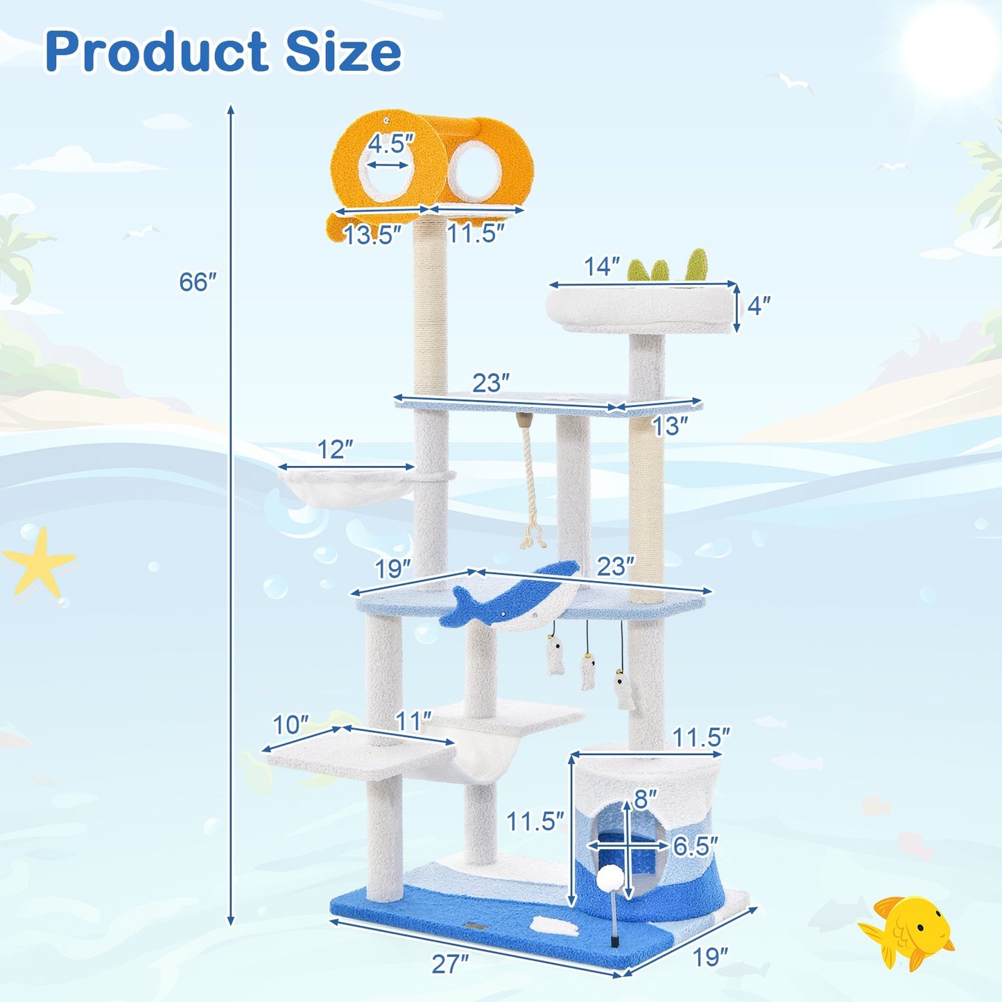 Multi-level Ocean-themed Cat Tree Tower with Sisal Covered Scratching Posts, Blue - Gallery Canada