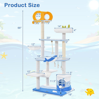 Multi-level Ocean-themed Cat Tree Tower with Sisal Covered Scratching Posts, Blue - Gallery Canada