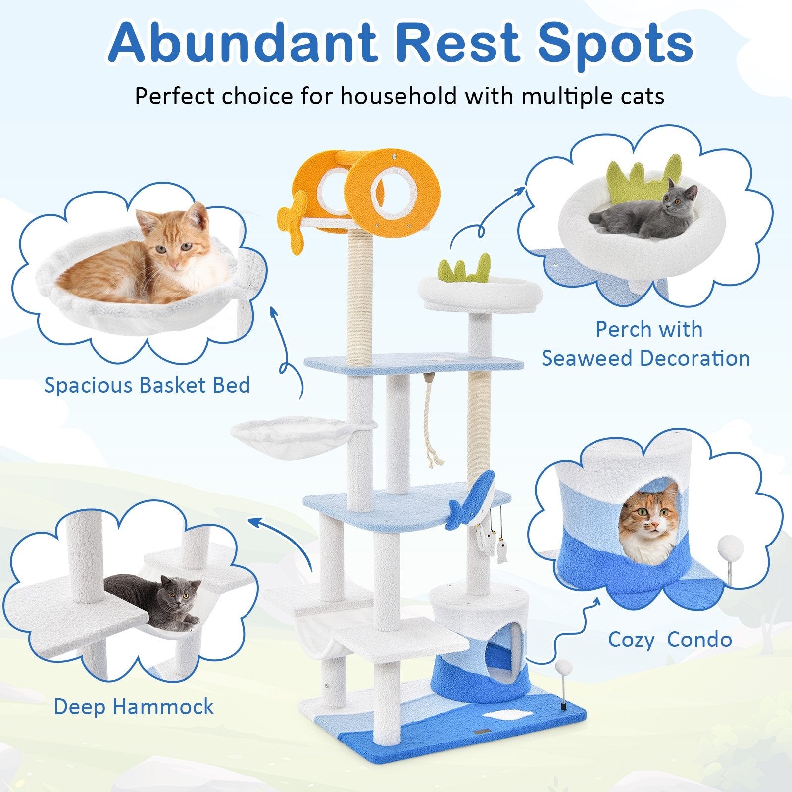 Multi-level Ocean-themed Cat Tree Tower with Sisal Covered Scratching Posts, Blue Cat Trees Condos & Scratchers   at Gallery Canada