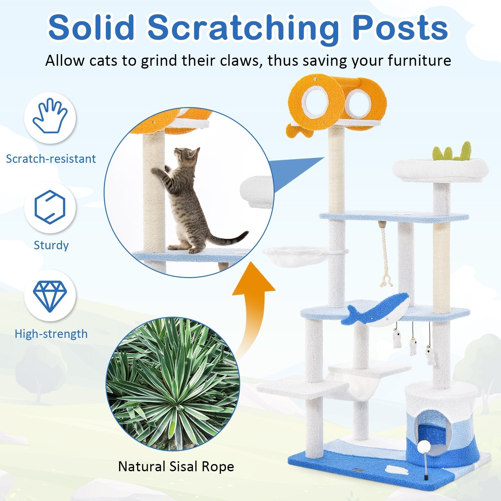 Multi-level Ocean-themed Cat Tree Tower with Sisal Covered Scratching Posts, Blue - Gallery Canada