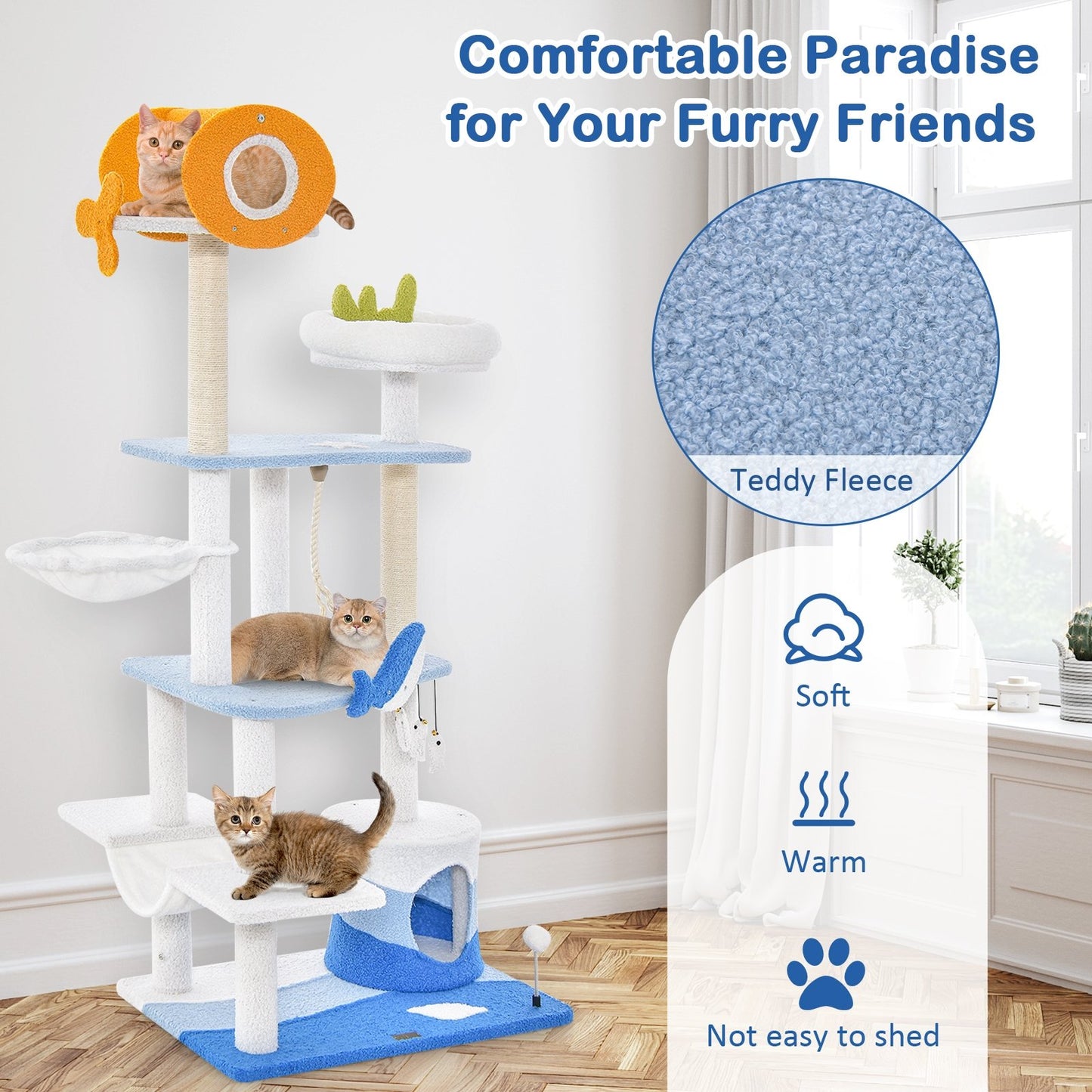 Multi-level Ocean-themed Cat Tree Tower with Sisal Covered Scratching Posts, Blue - Gallery Canada