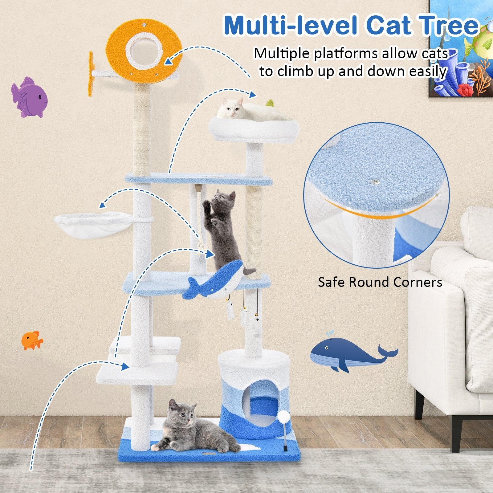 Multi-level Ocean-themed Cat Tree Tower with Sisal Covered Scratching Posts, Blue Cat Trees Condos & Scratchers   at Gallery Canada