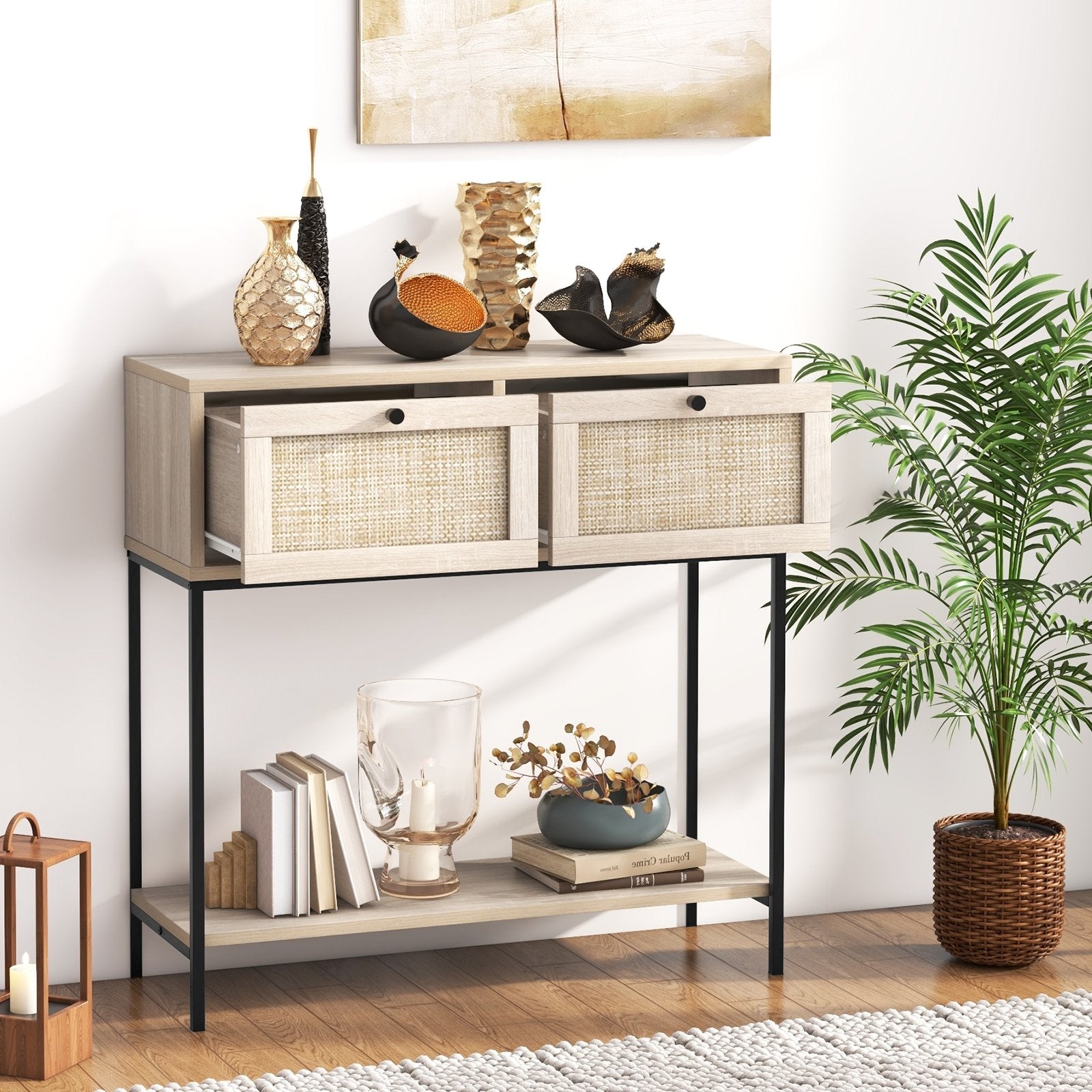 Rattan Console Table Boho Entryway Table with 2 Rattan Drawers and Open Storage Shelf, Oak Console Tables   at Gallery Canada