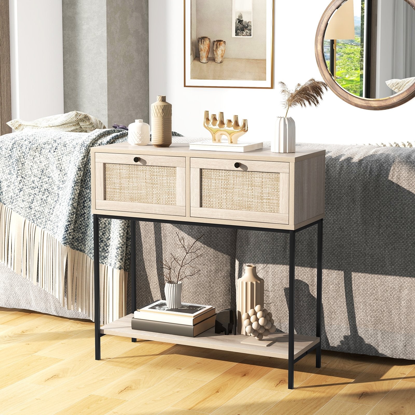 Rattan Console Table Boho Entryway Table with 2 Rattan Drawers and Open Storage Shelf, Oak Console Tables   at Gallery Canada