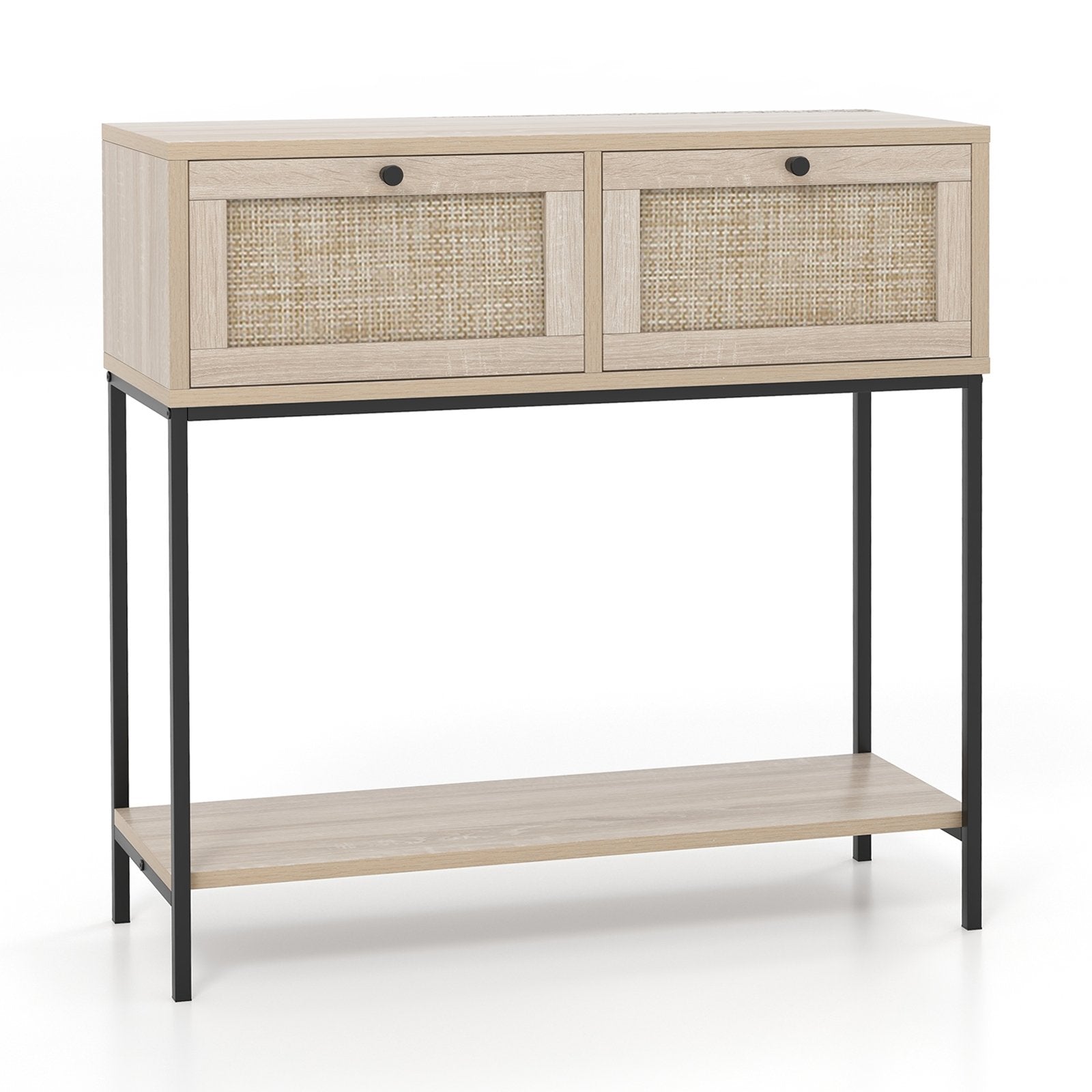 Rattan Console Table Boho Entryway Table with 2 Rattan Drawers and Open Storage Shelf, Oak Console Tables   at Gallery Canada