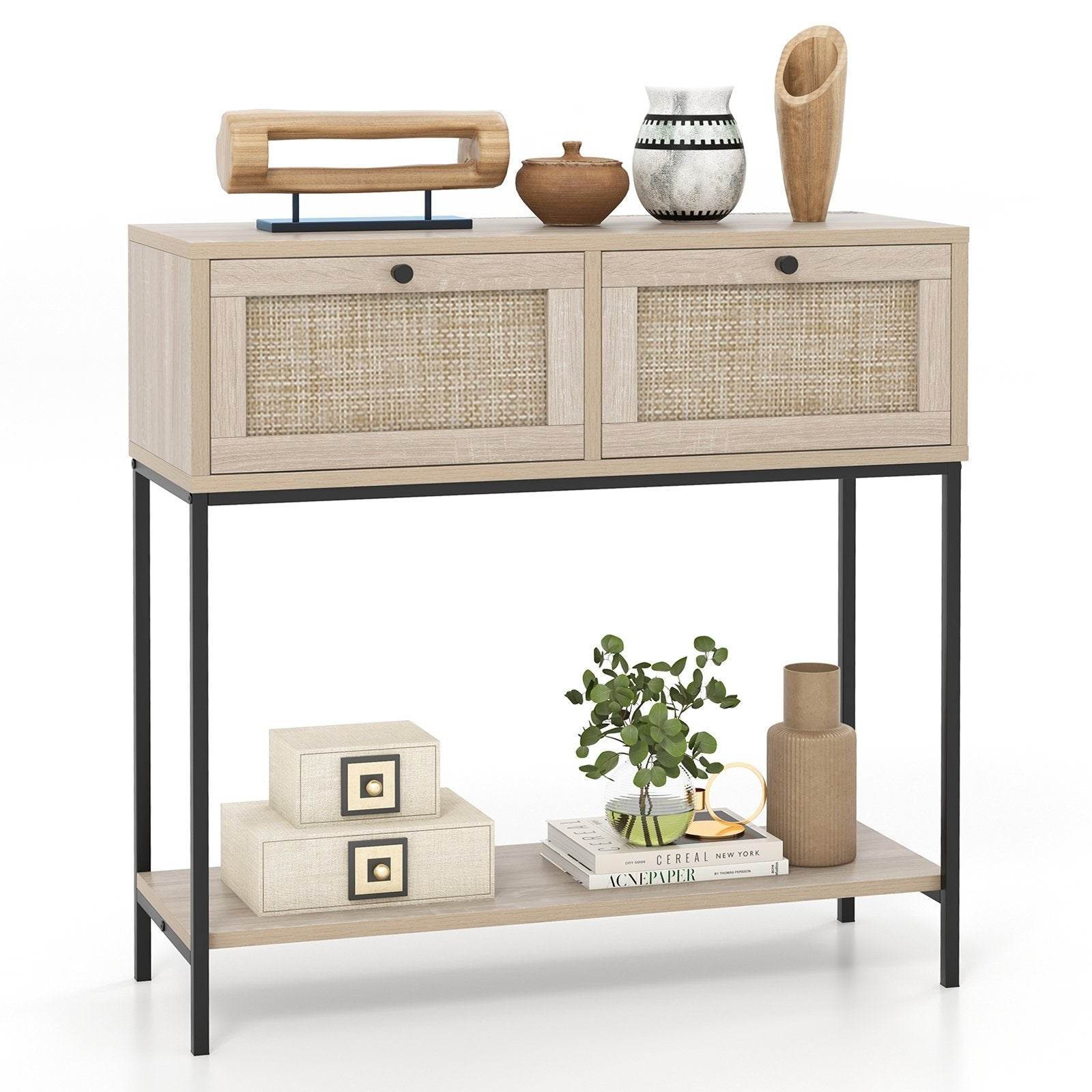 Rattan Console Table Boho Entryway Table with 2 Rattan Drawers and Open Storage Shelf, Oak Console Tables   at Gallery Canada