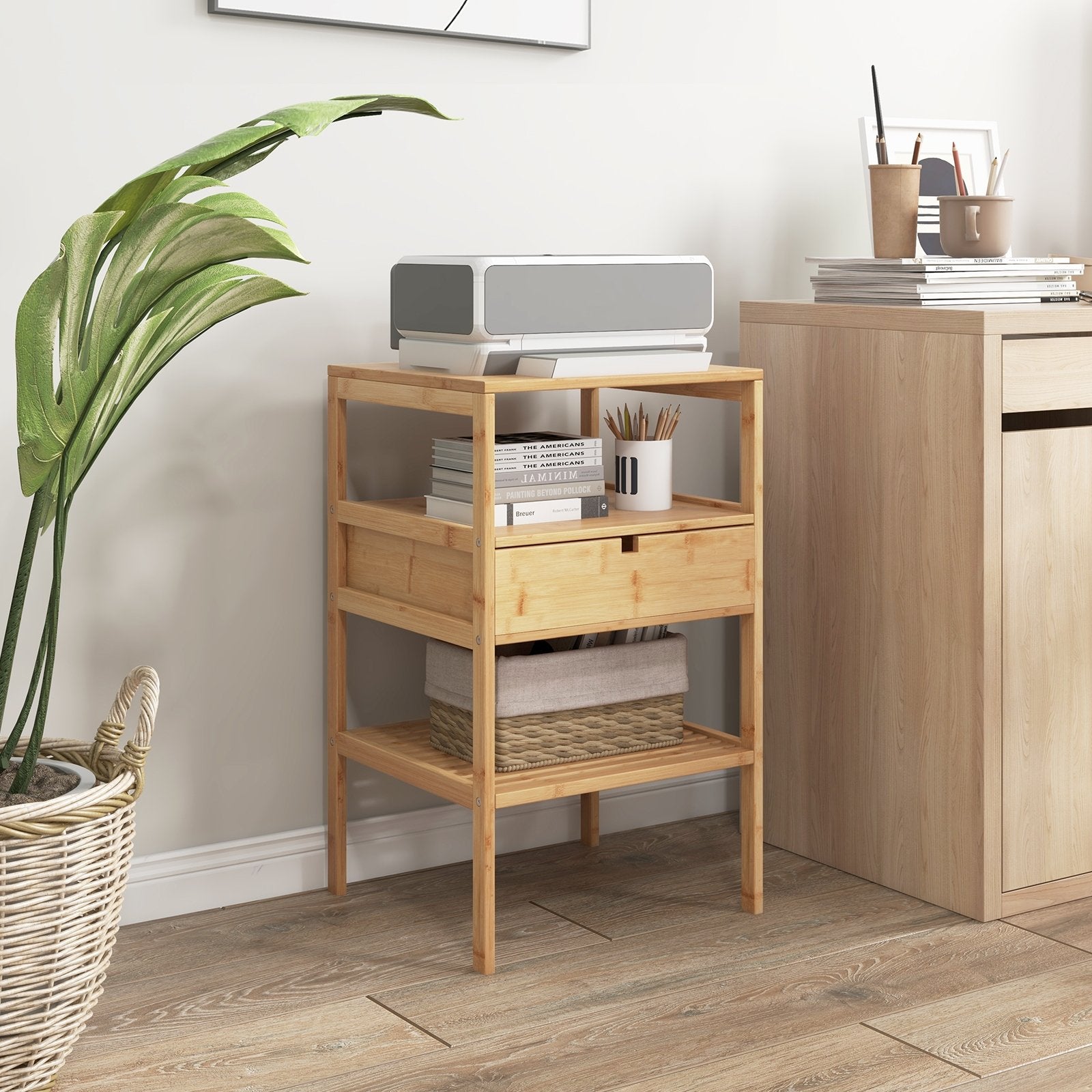 Nightstand Set of 2 Bamboo End Table with 2 Open Shelves and Drawer-Set of 2, Natural Nightstands   at Gallery Canada