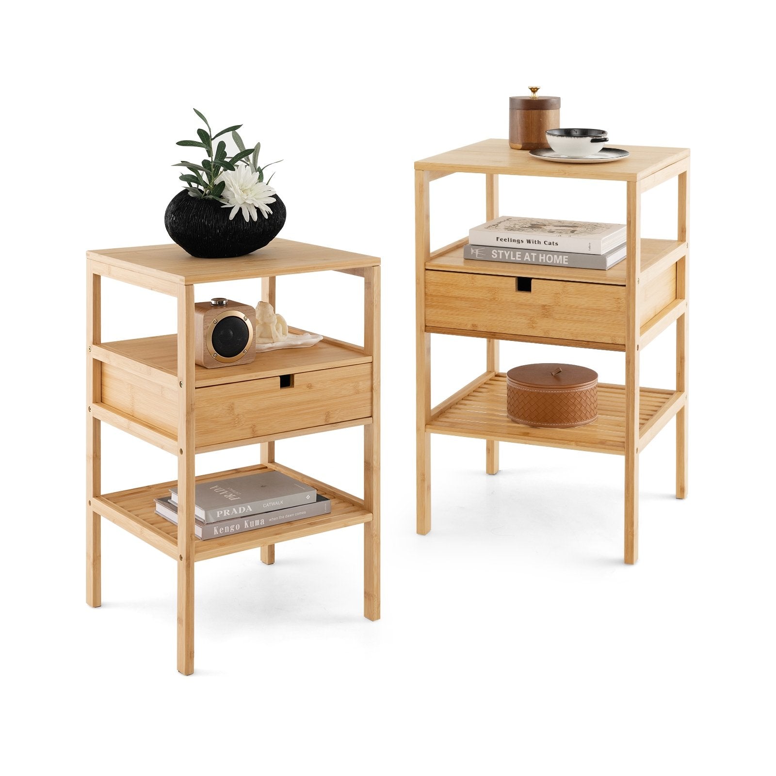 Nightstand Set of 2 Bamboo End Table with 2 Open Shelves and Drawer-Set of 2, Natural Nightstands   at Gallery Canada