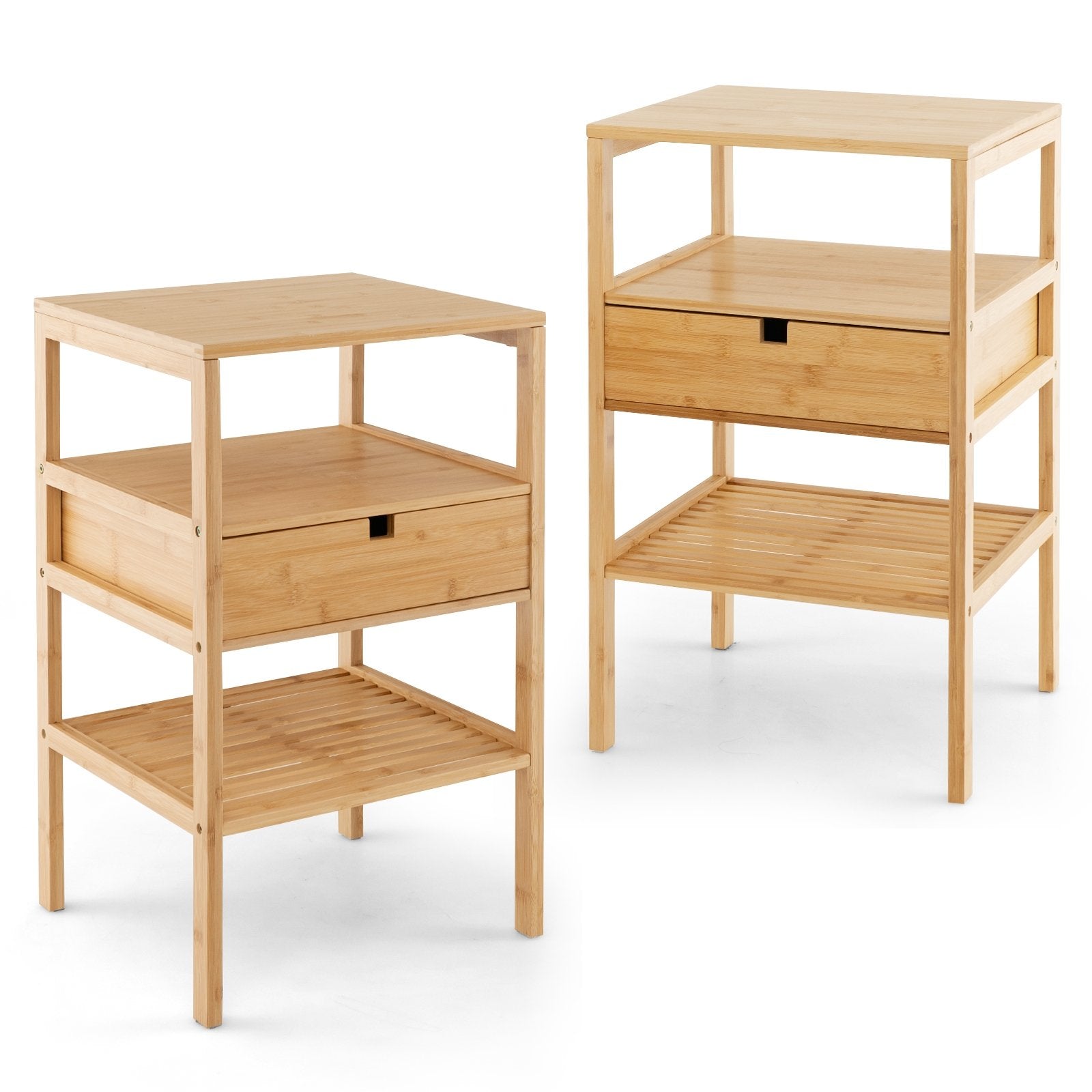 Nightstand Set of 2 Bamboo End Table with 2 Open Shelves and Drawer-Set of 2, Natural Nightstands   at Gallery Canada