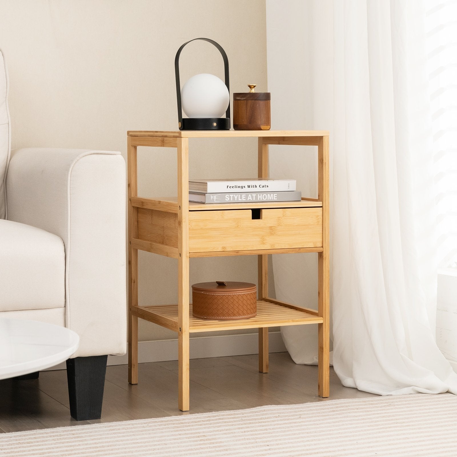 Nightstand Set of 2 Bamboo End Table with 2 Open Shelves and Drawer-Set of 2, Natural Nightstands   at Gallery Canada