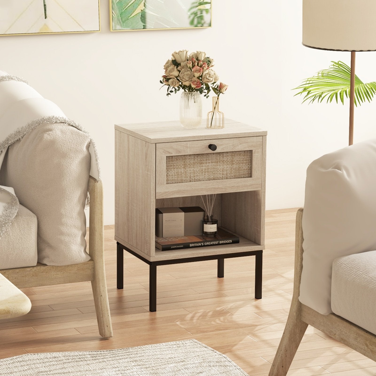 Rattan Nightstand Boho End Table with Rattan Drawer & Open Shelf, Oak Nightstands   at Gallery Canada