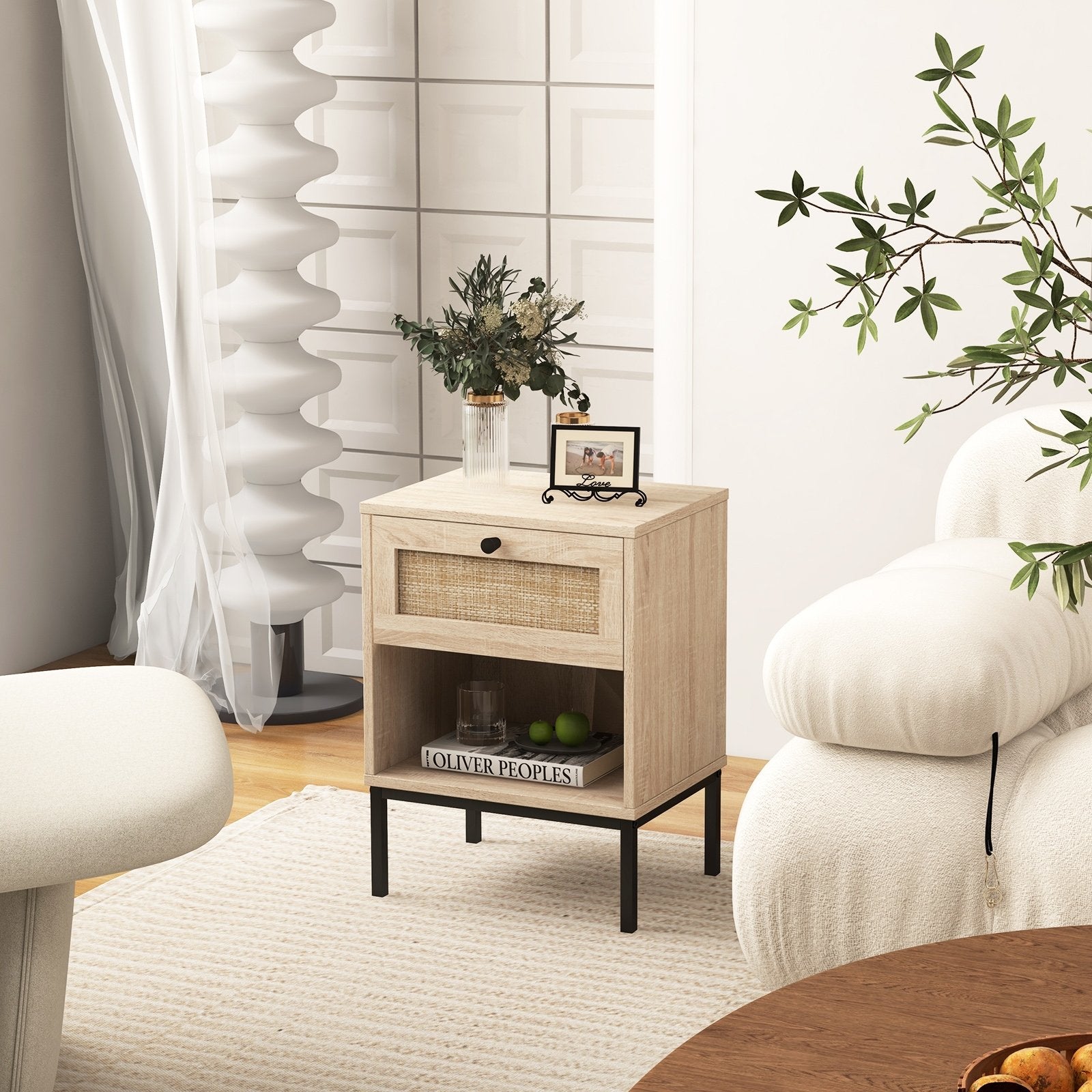 Rattan Nightstand Boho End Table with Rattan Drawer & Open Shelf, Oak Nightstands   at Gallery Canada