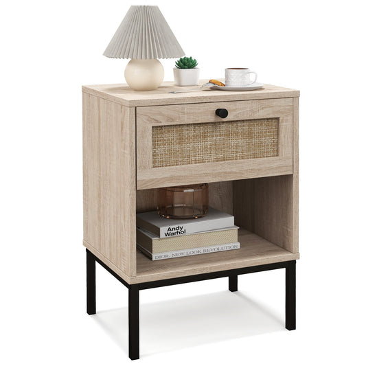 Rattan Nightstand Boho End Table with Rattan Drawer & Open Shelf, Oak - Gallery Canada