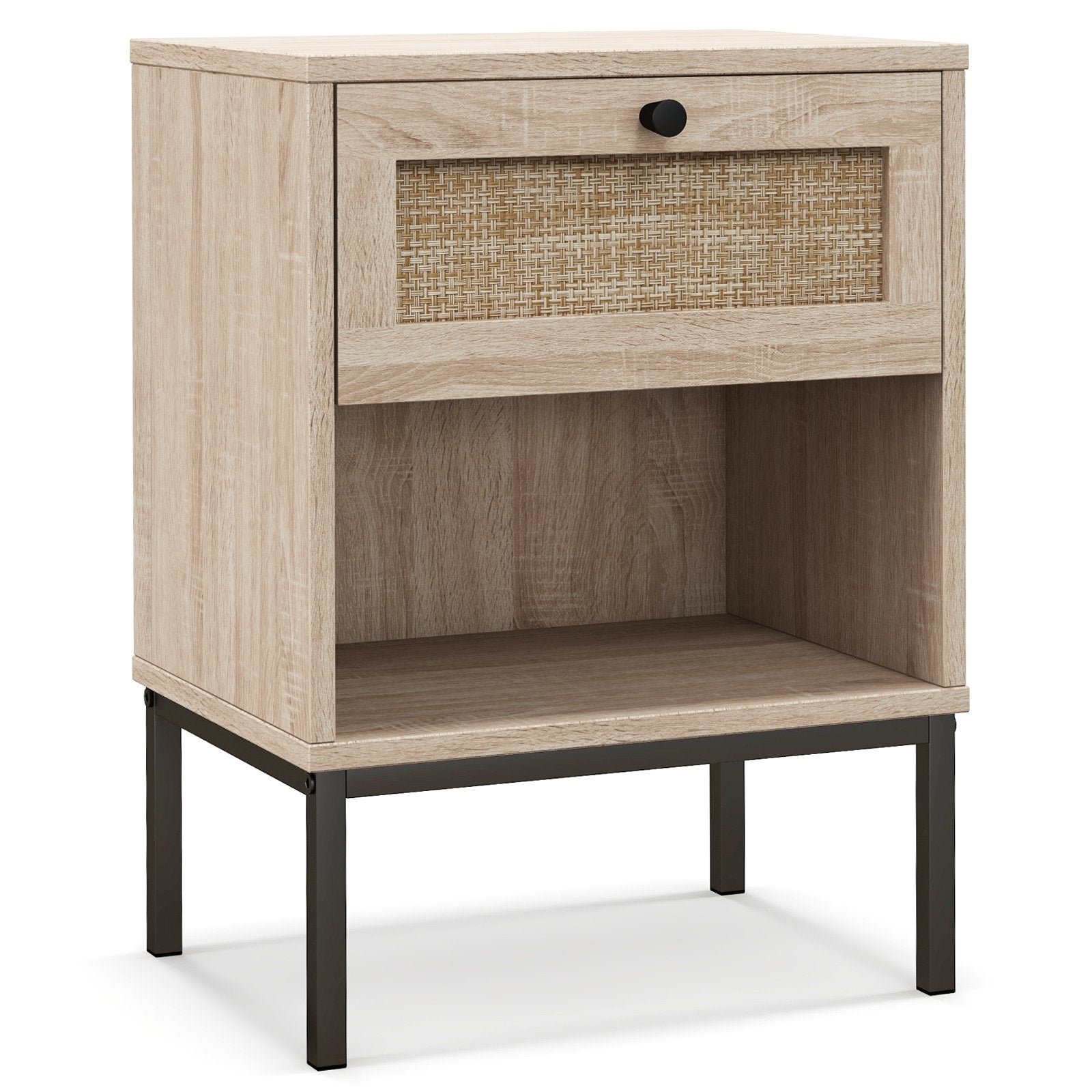 Rattan Nightstand Boho End Table with Rattan Drawer & Open Shelf, Oak Nightstands   at Gallery Canada