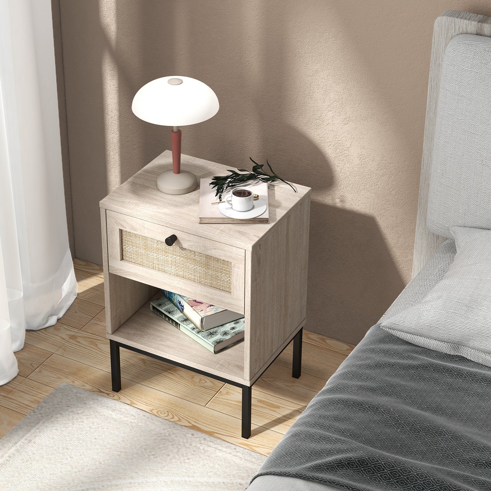 Rattan Nightstand Boho End Table with Rattan Drawer & Open Shelf, Oak Nightstands   at Gallery Canada