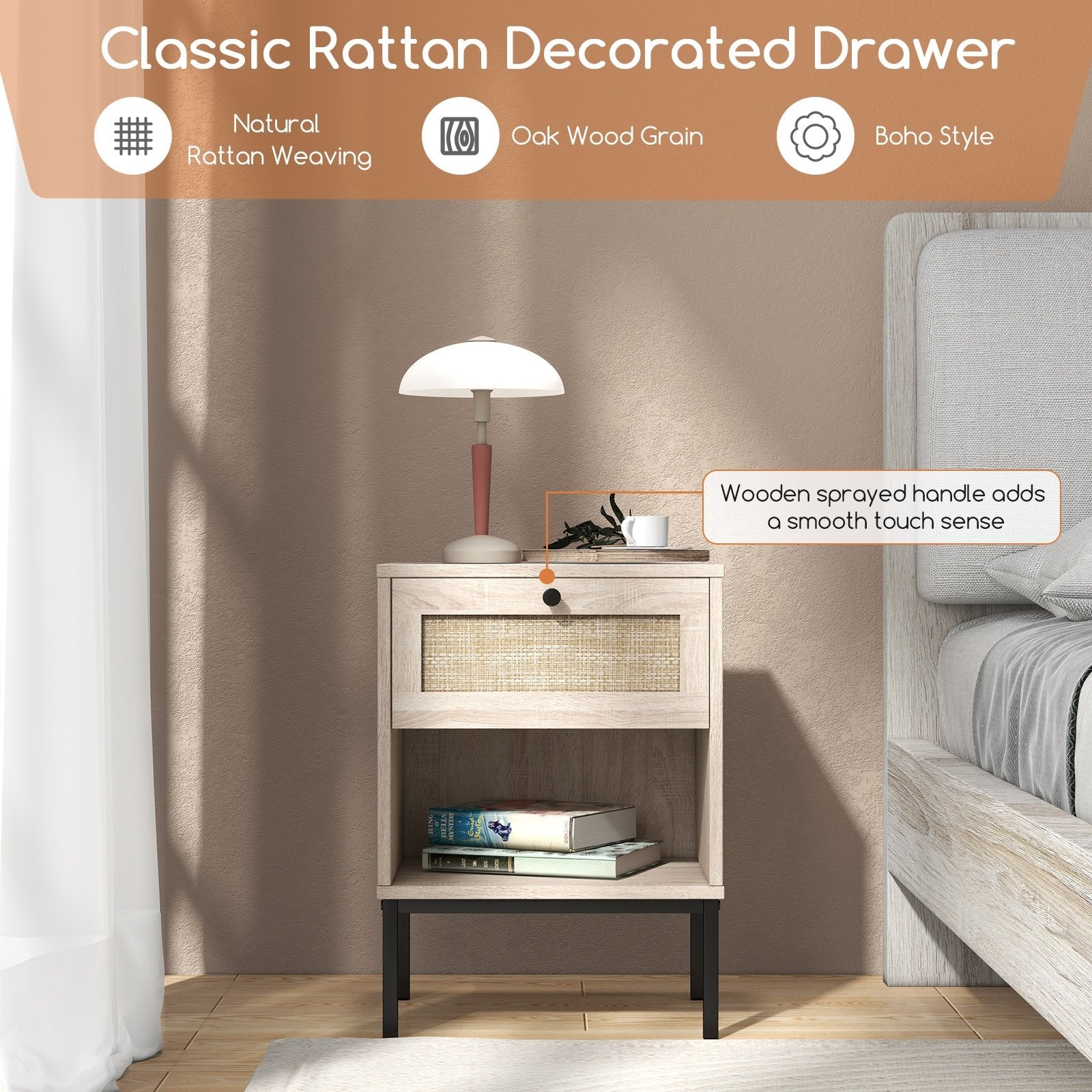 Rattan Nightstand Boho End Table with Rattan Drawer & Open Shelf, Oak Nightstands   at Gallery Canada