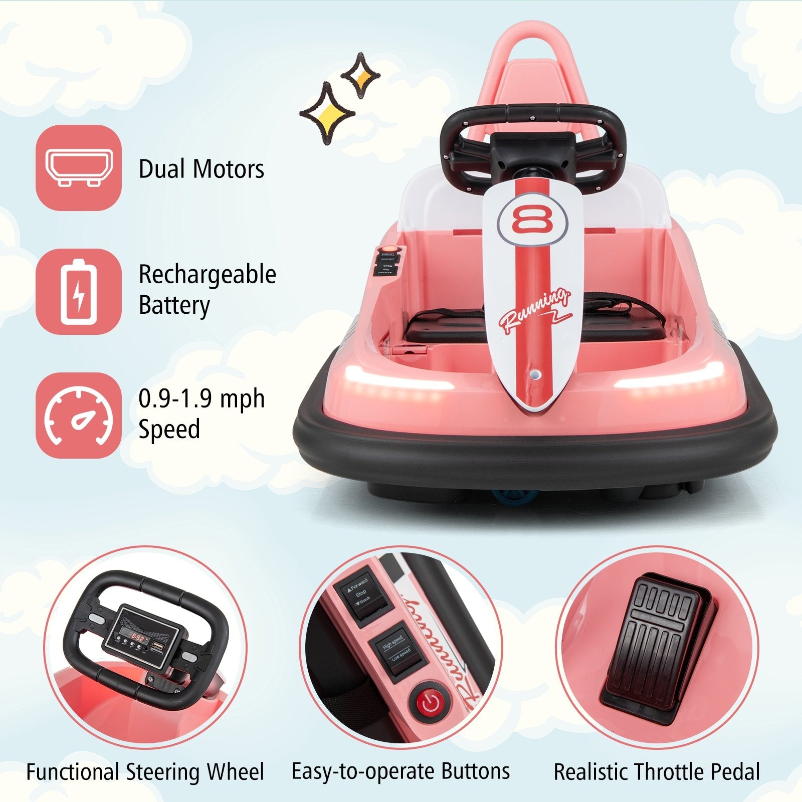 6V kids Ride-on Bumper Car with 360° Spinning and Dual Motors, Pink Powered Ride On Toys   at Gallery Canada