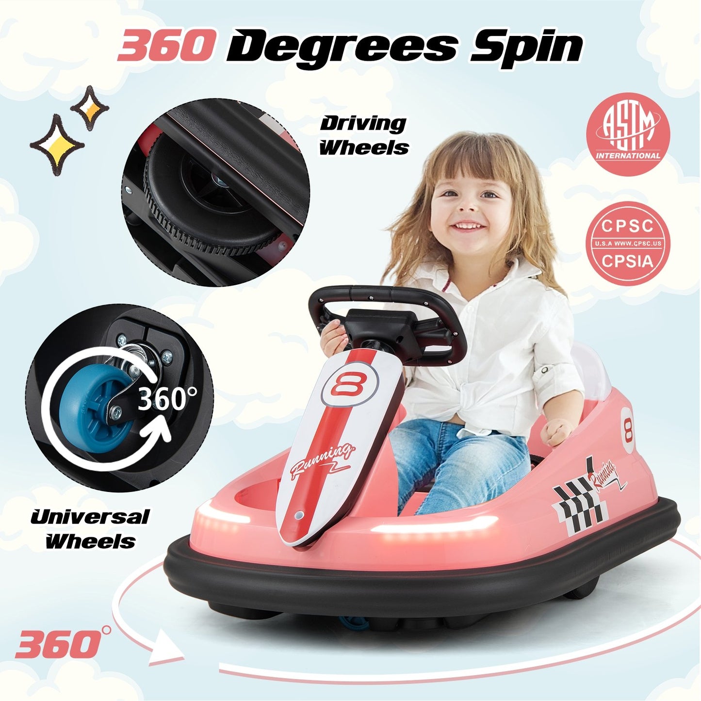 6V kids Ride-on Bumper Car with 360° Spinning and Dual Motors, Pink Powered Ride On Toys   at Gallery Canada