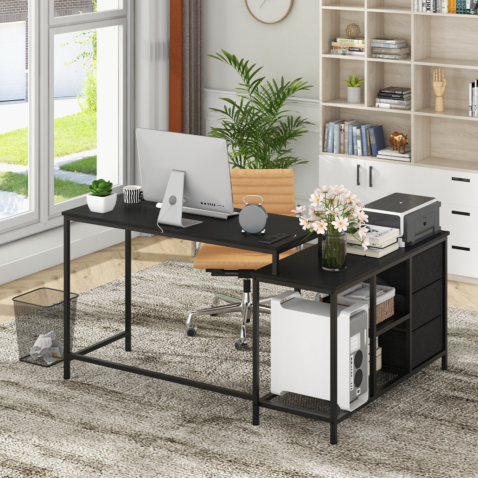 L-shaped Computer Desk with Power Outlet for Working Studying Gaming, Black - Gallery Canada
