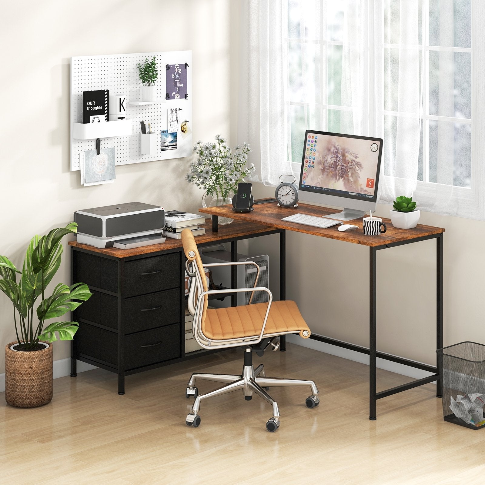 L-shaped Computer Desk with Power Outlet for Working Studying Gaming, Rustic Brown L-Shaped Desks   at Gallery Canada