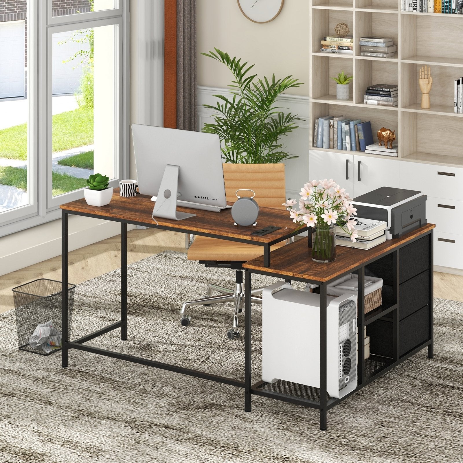 L-shaped Computer Desk with Power Outlet for Working Studying Gaming, Rustic Brown L-Shaped Desks   at Gallery Canada