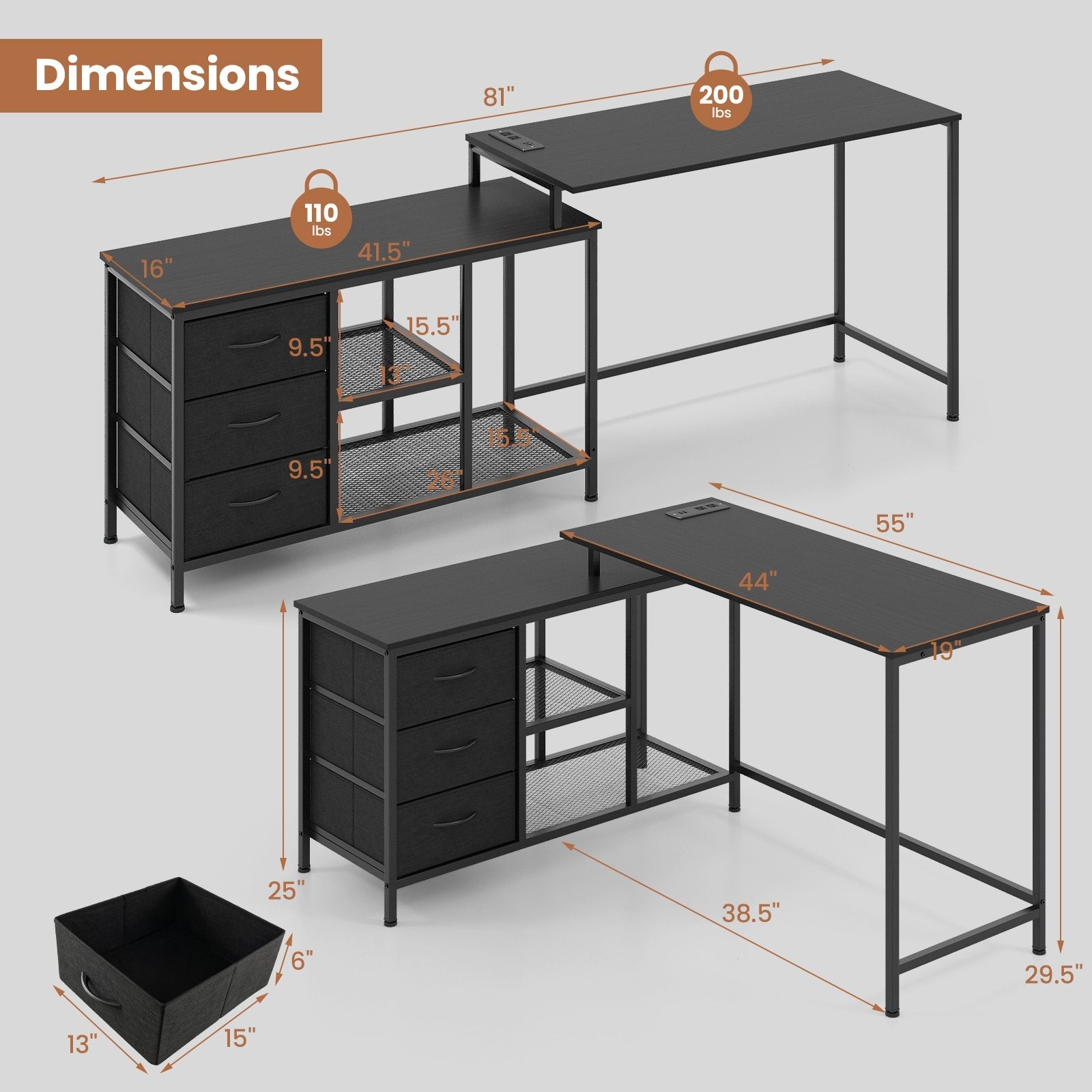 L-shaped Computer Desk with Power Outlet for Working Studying Gaming, Black - Gallery Canada