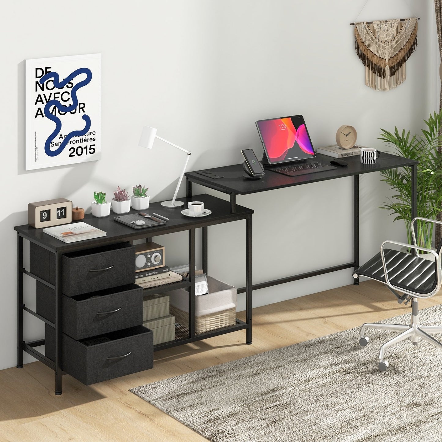 L-shaped Computer Desk with Power Outlet for Working Studying Gaming, Black - Gallery Canada