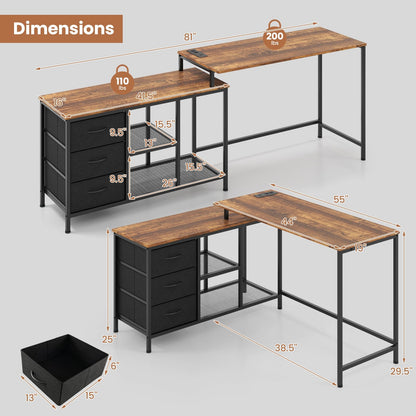 L-shaped Computer Desk with Power Outlet for Working Studying Gaming, Rustic Brown L-Shaped Desks   at Gallery Canada