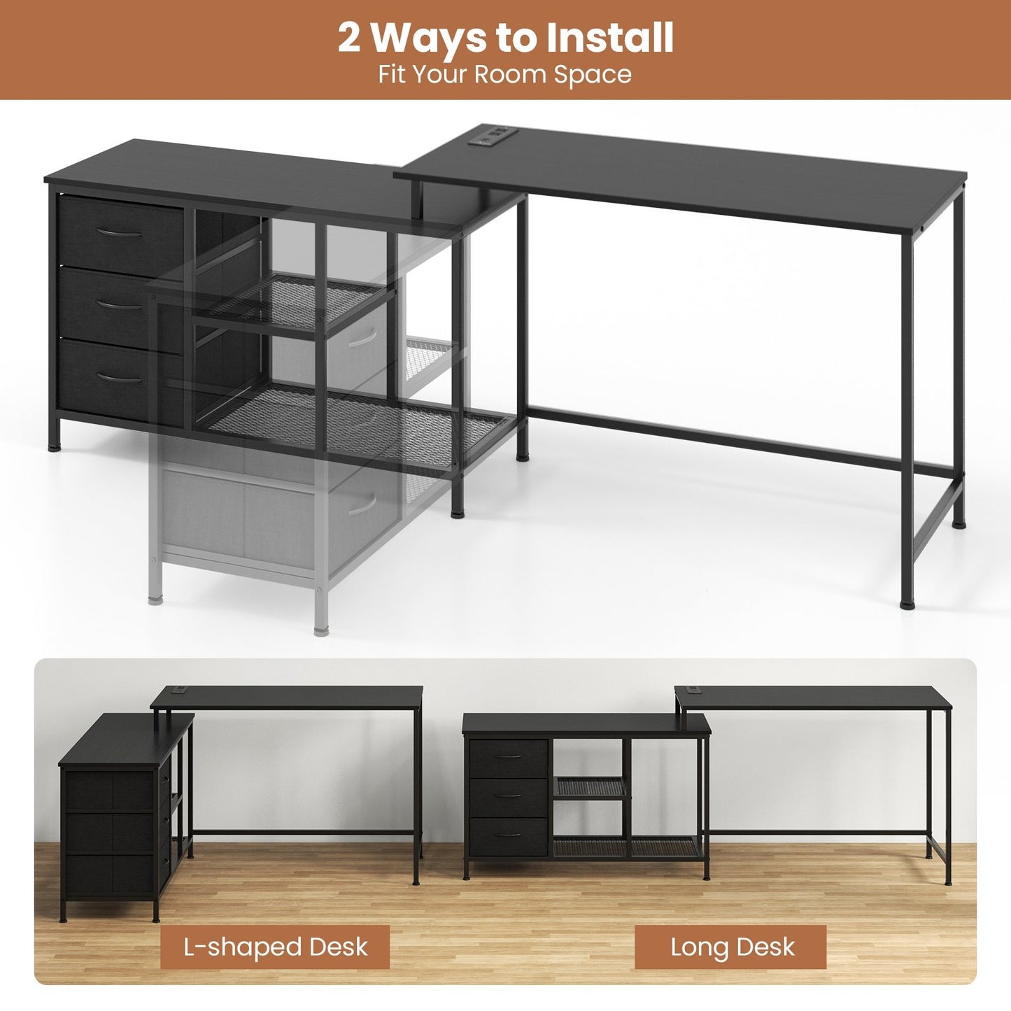 L-shaped Computer Desk with Power Outlet for Working Studying Gaming, Black - Gallery Canada