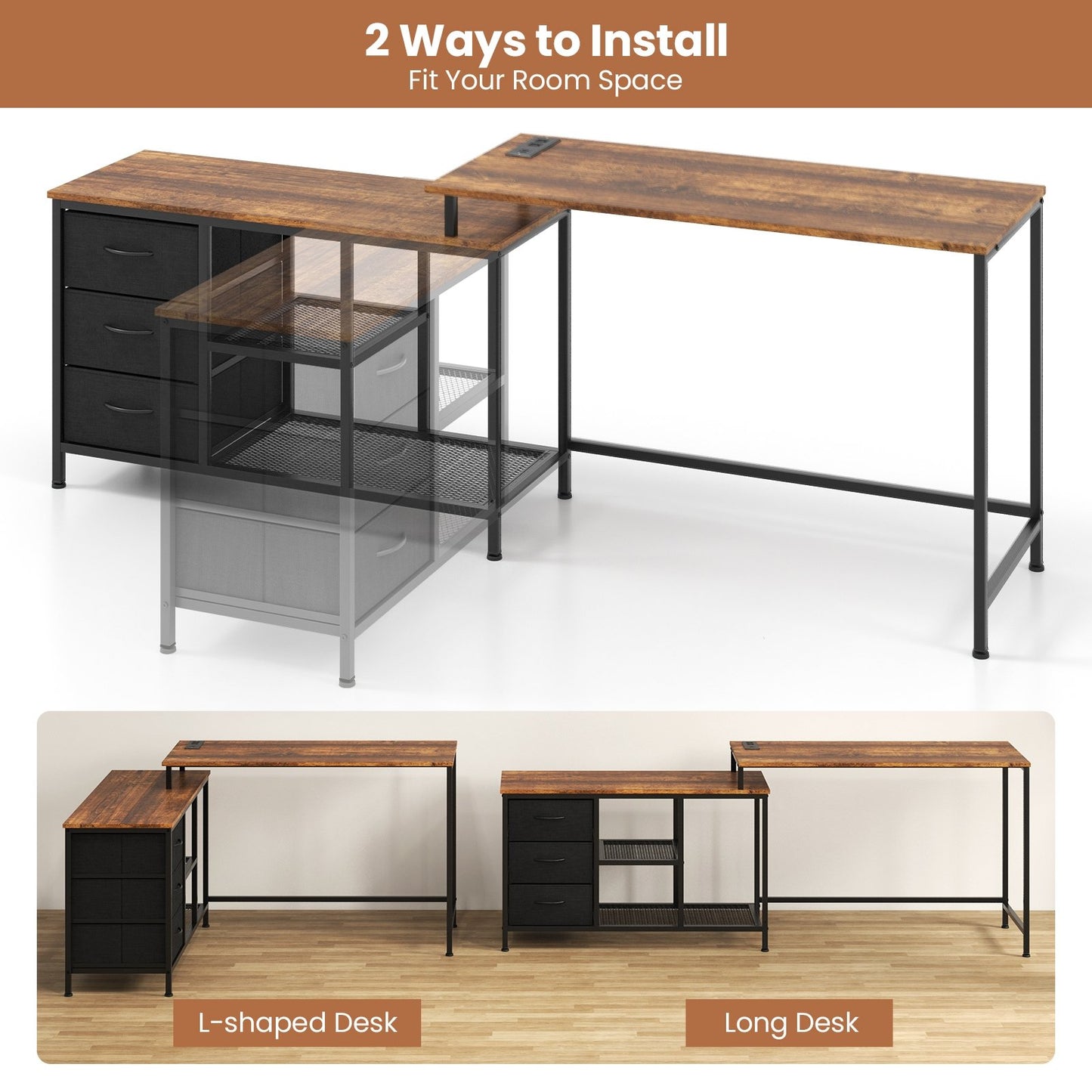 L-shaped Computer Desk with Power Outlet for Working Studying Gaming, Rustic Brown L-Shaped Desks   at Gallery Canada