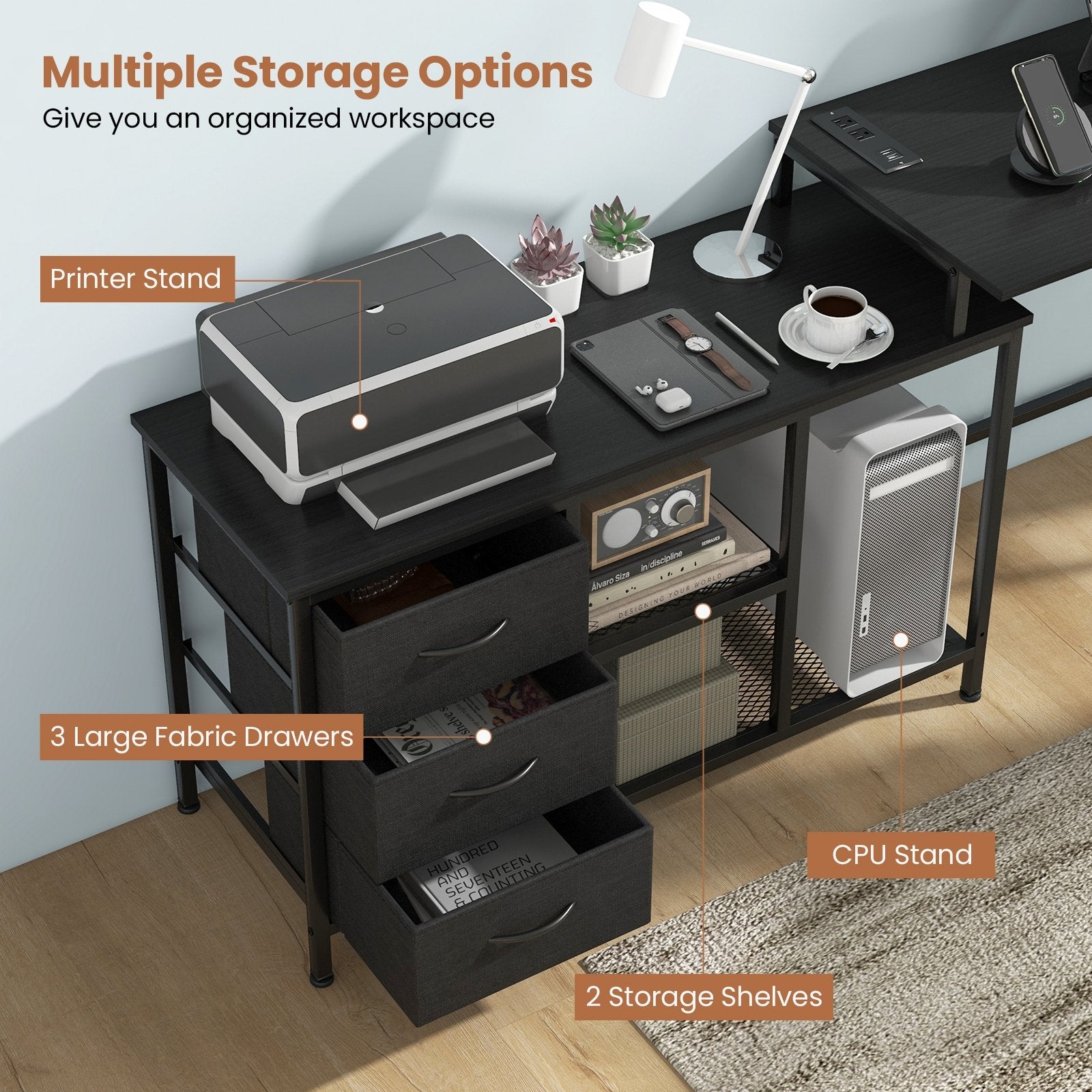 L-shaped Computer Desk with Power Outlet for Working Studying Gaming, Black - Gallery Canada