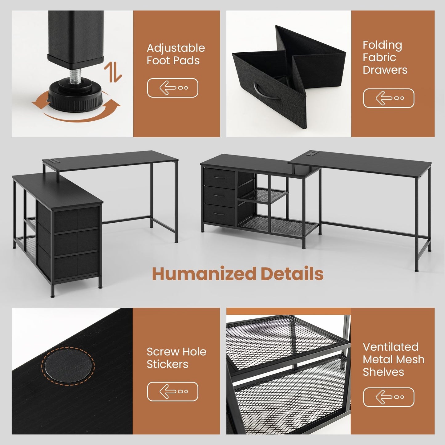 L-shaped Computer Desk with Power Outlet for Working Studying Gaming, Black - Gallery Canada