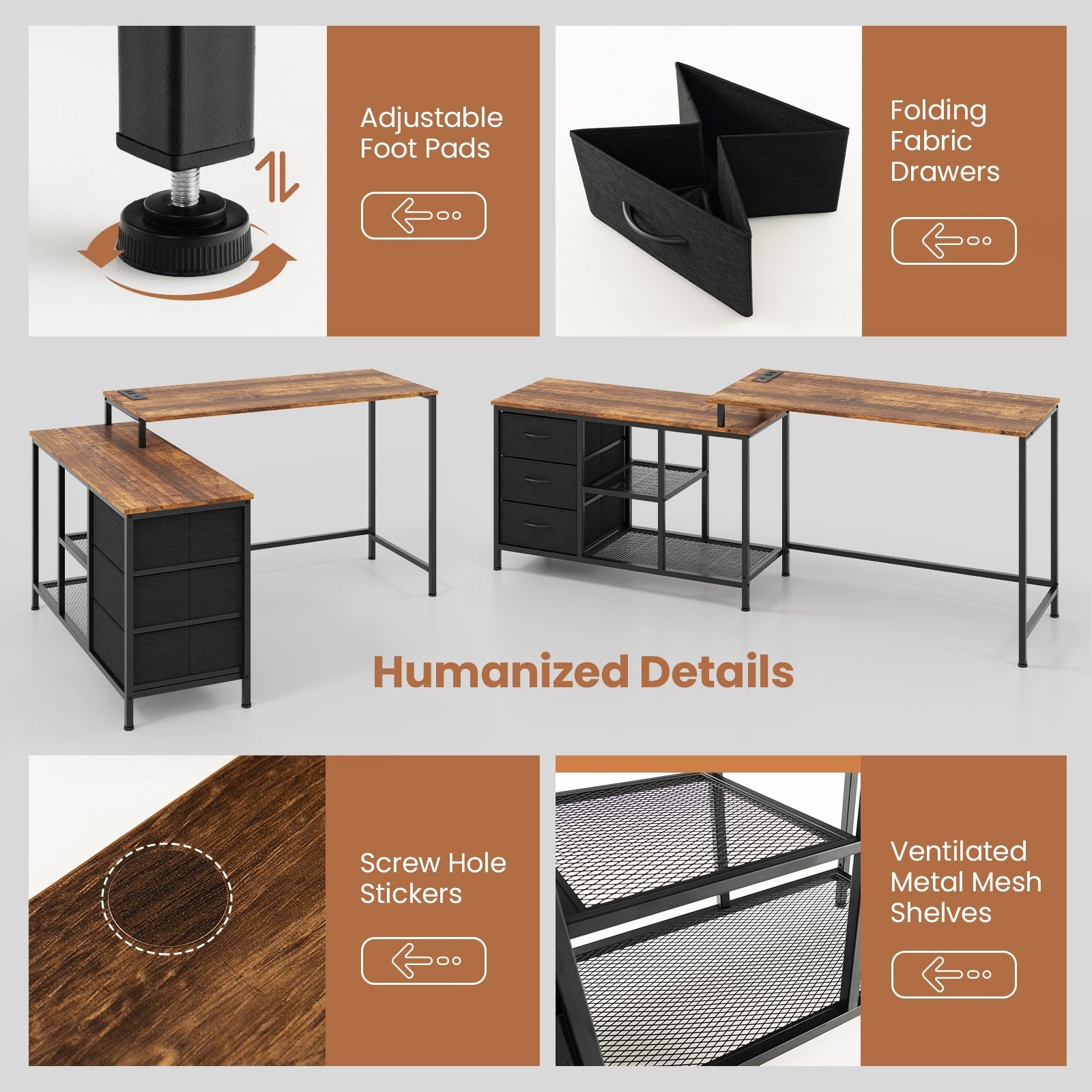 L-shaped Computer Desk with Power Outlet for Working Studying Gaming, Rustic Brown L-Shaped Desks   at Gallery Canada