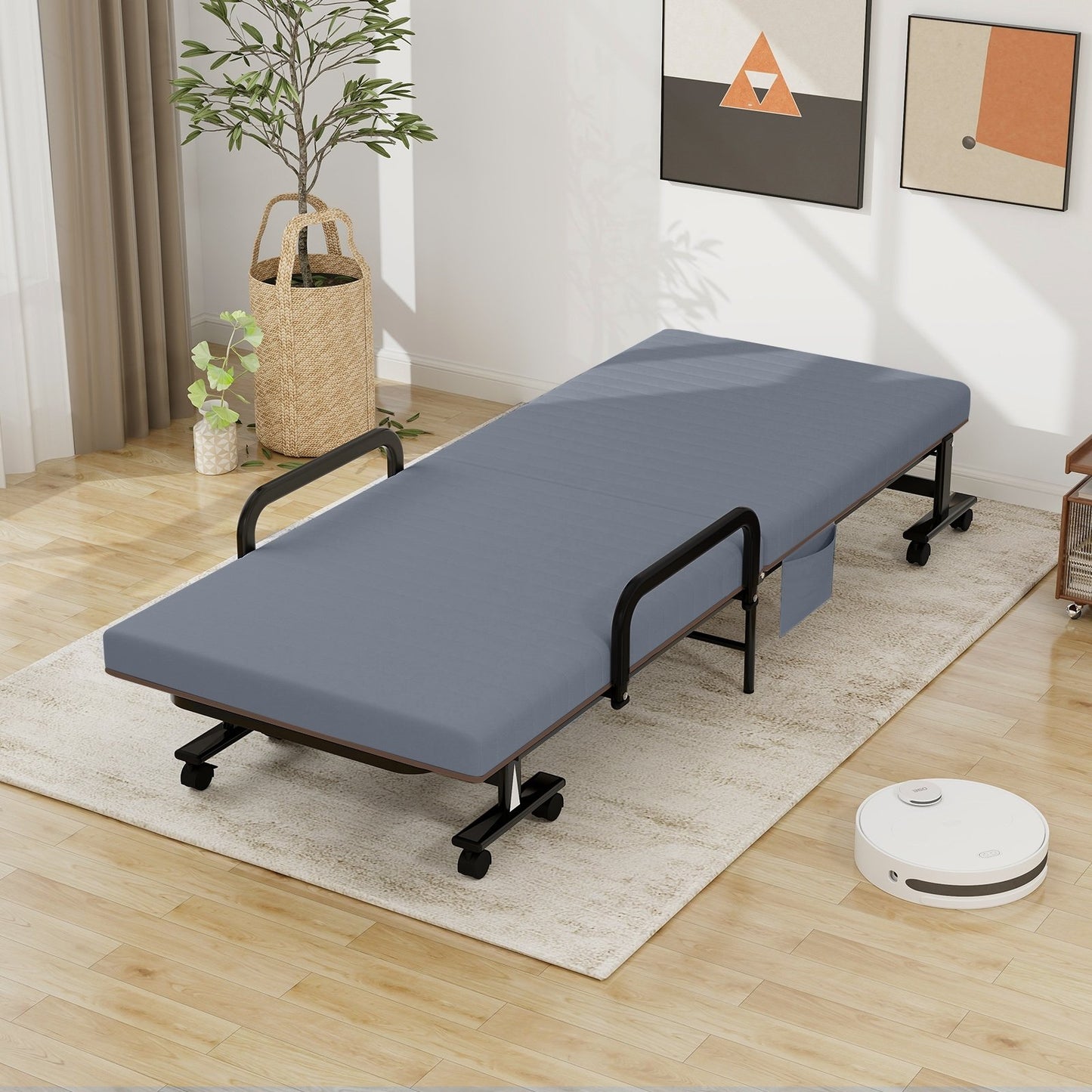 Adjustable Folding Guest Bed Frame with Mattress and Wheels, Gray Folding Beds   at Gallery Canada