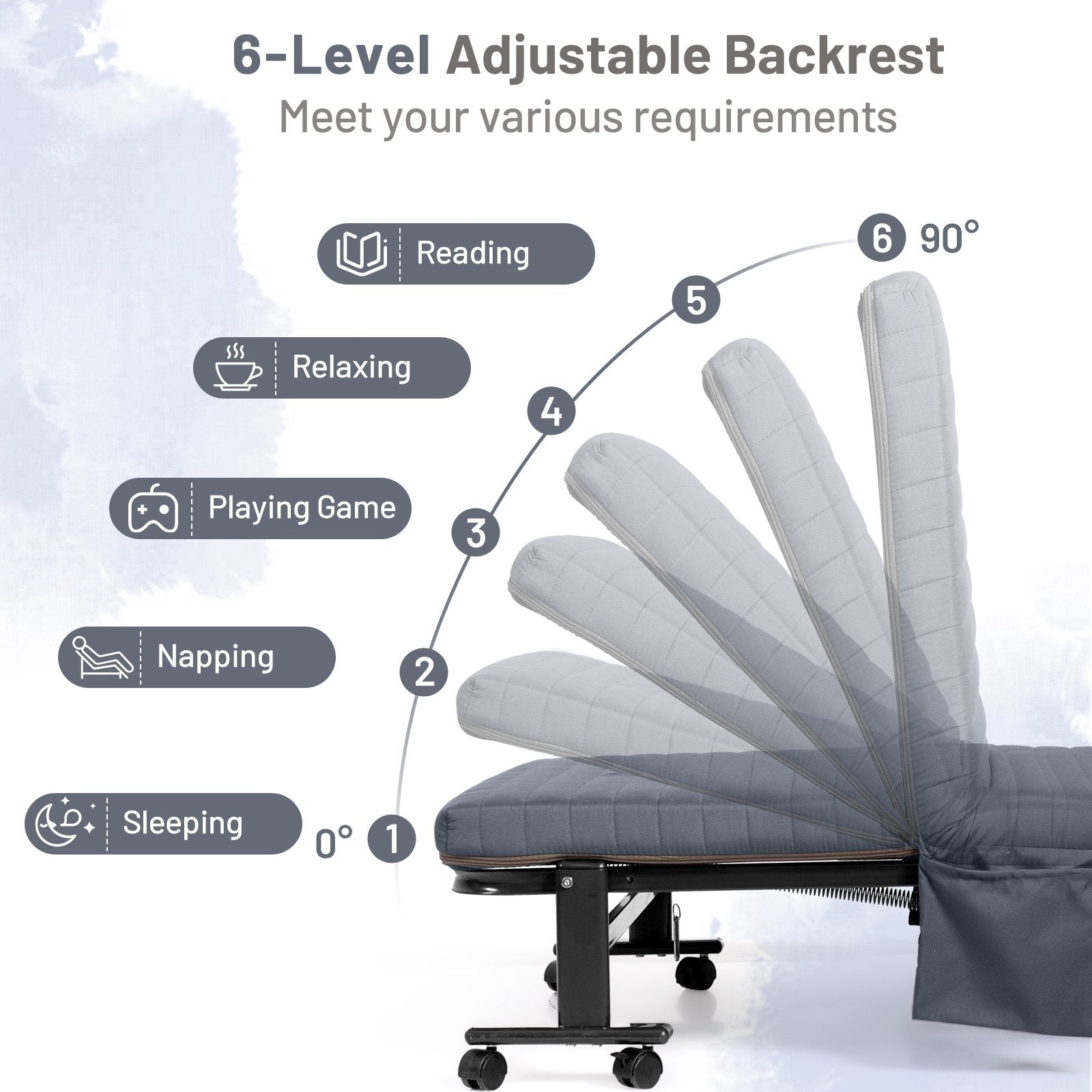 Adjustable Folding Guest Bed Frame with Mattress and Wheels, Gray Folding Beds   at Gallery Canada