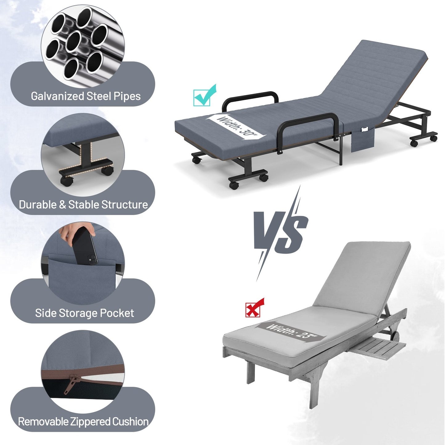 Adjustable Folding Guest Bed Frame with Mattress and Wheels, Gray Folding Beds   at Gallery Canada