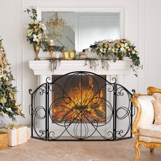 59.5 x 32.5 Inch Fireplace Screen with Floral Pattern, Black - Gallery Canada