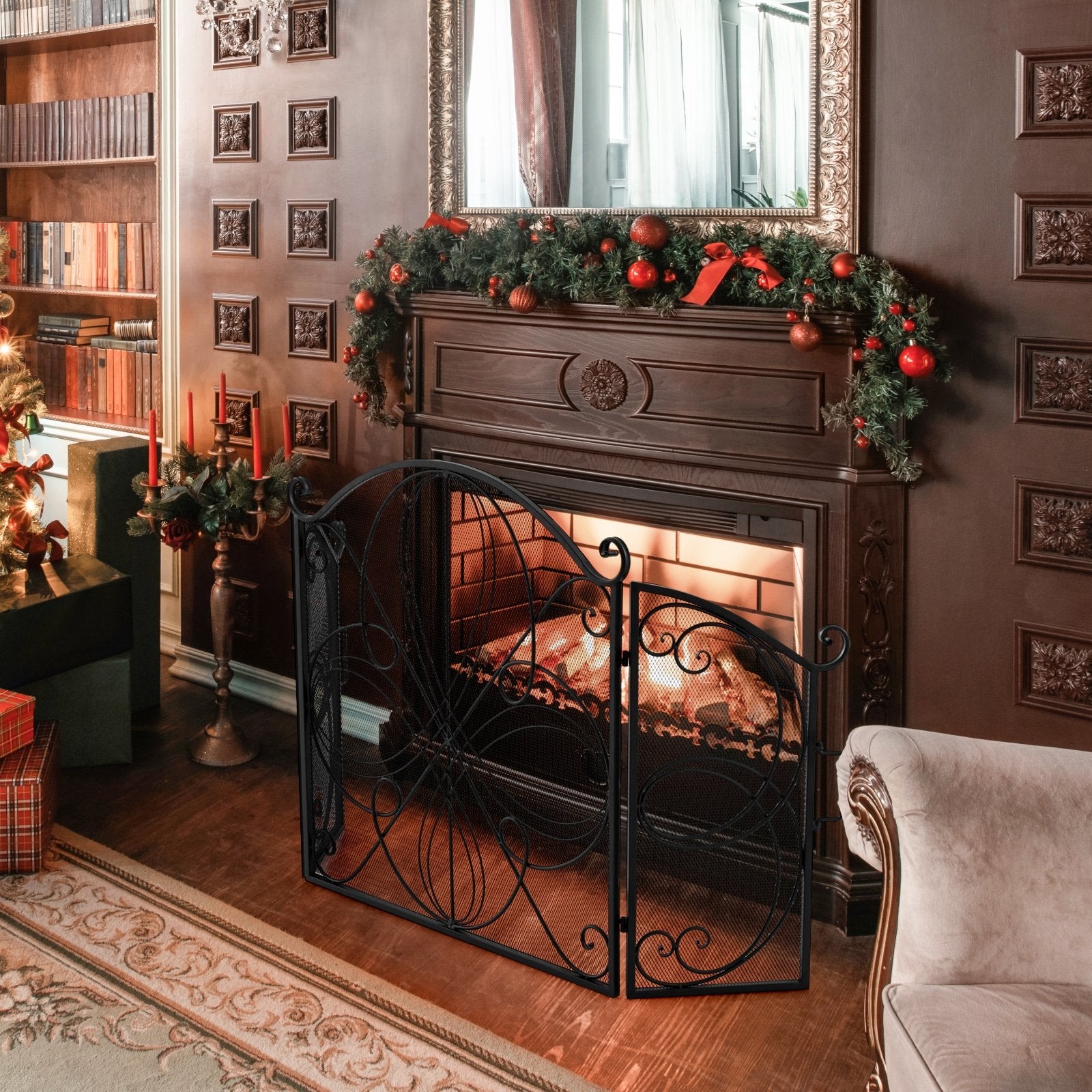 59.5 x 32.5 Inch Fireplace Screen with Floral Pattern, Black Fireplace Tools   at Gallery Canada