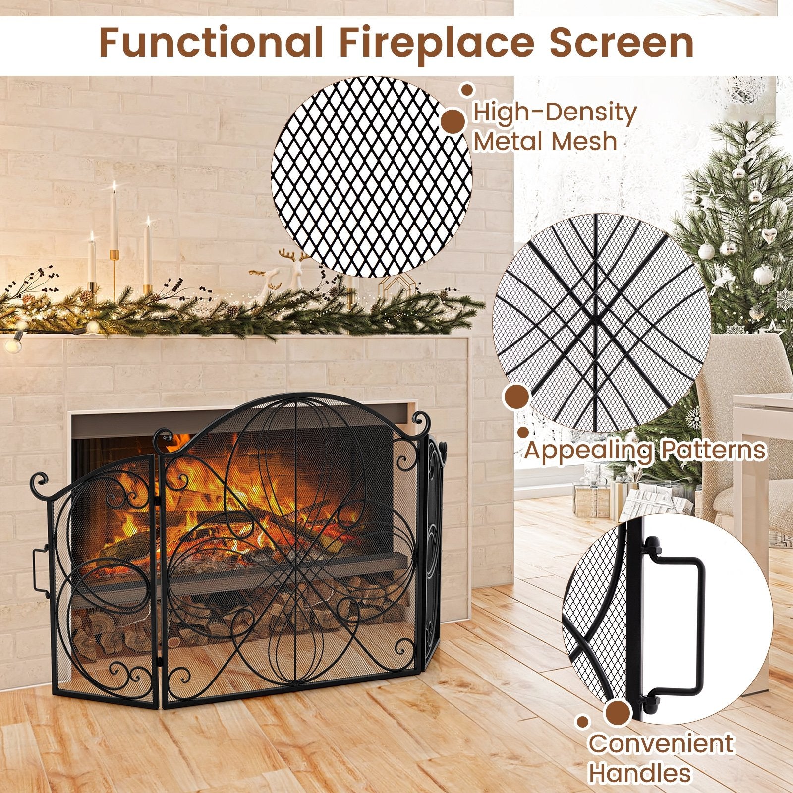 59.5 x 32.5 Inch Fireplace Screen with Floral Pattern, Black Fireplace Tools   at Gallery Canada