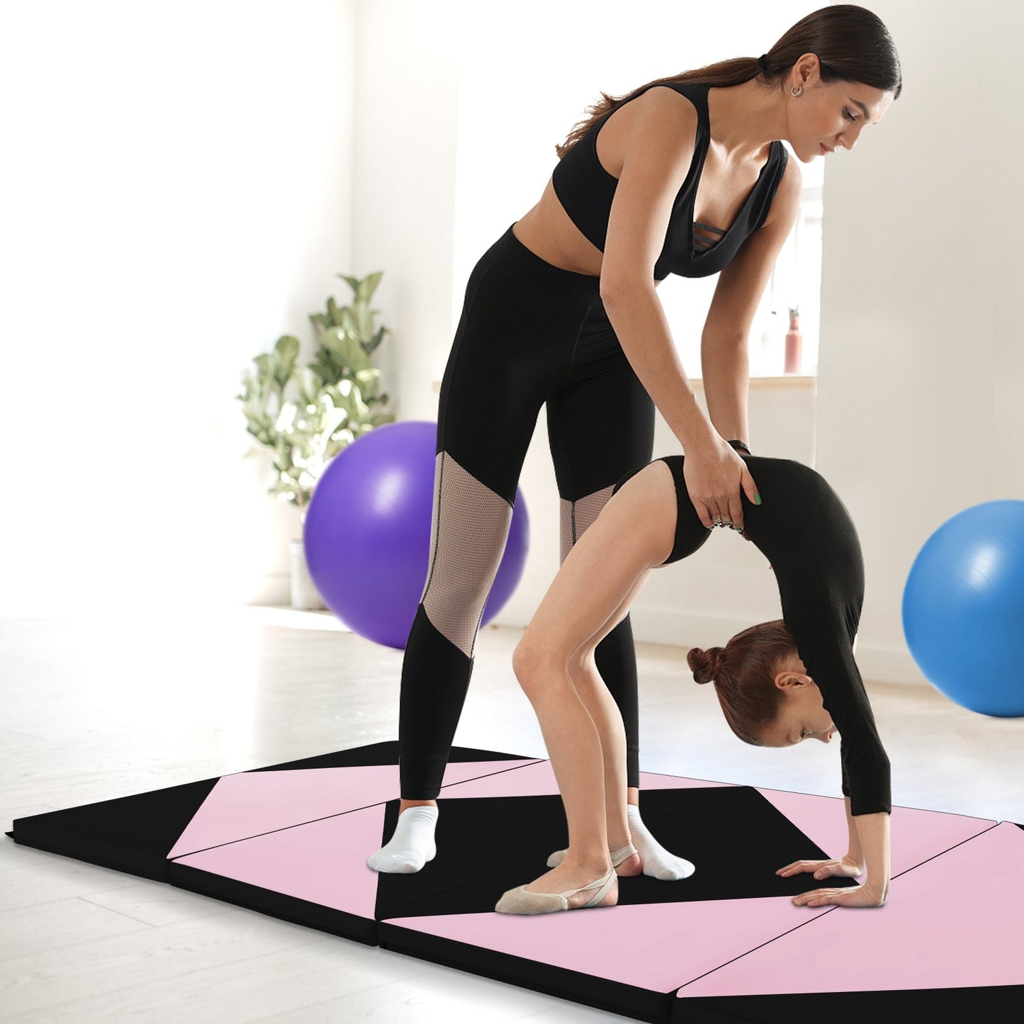 8 Feet PU Leather Folding Gymnastics Mat with Hook and Loop Fasteners, Black & Pink Yoga & Gym Mats   at Gallery Canada