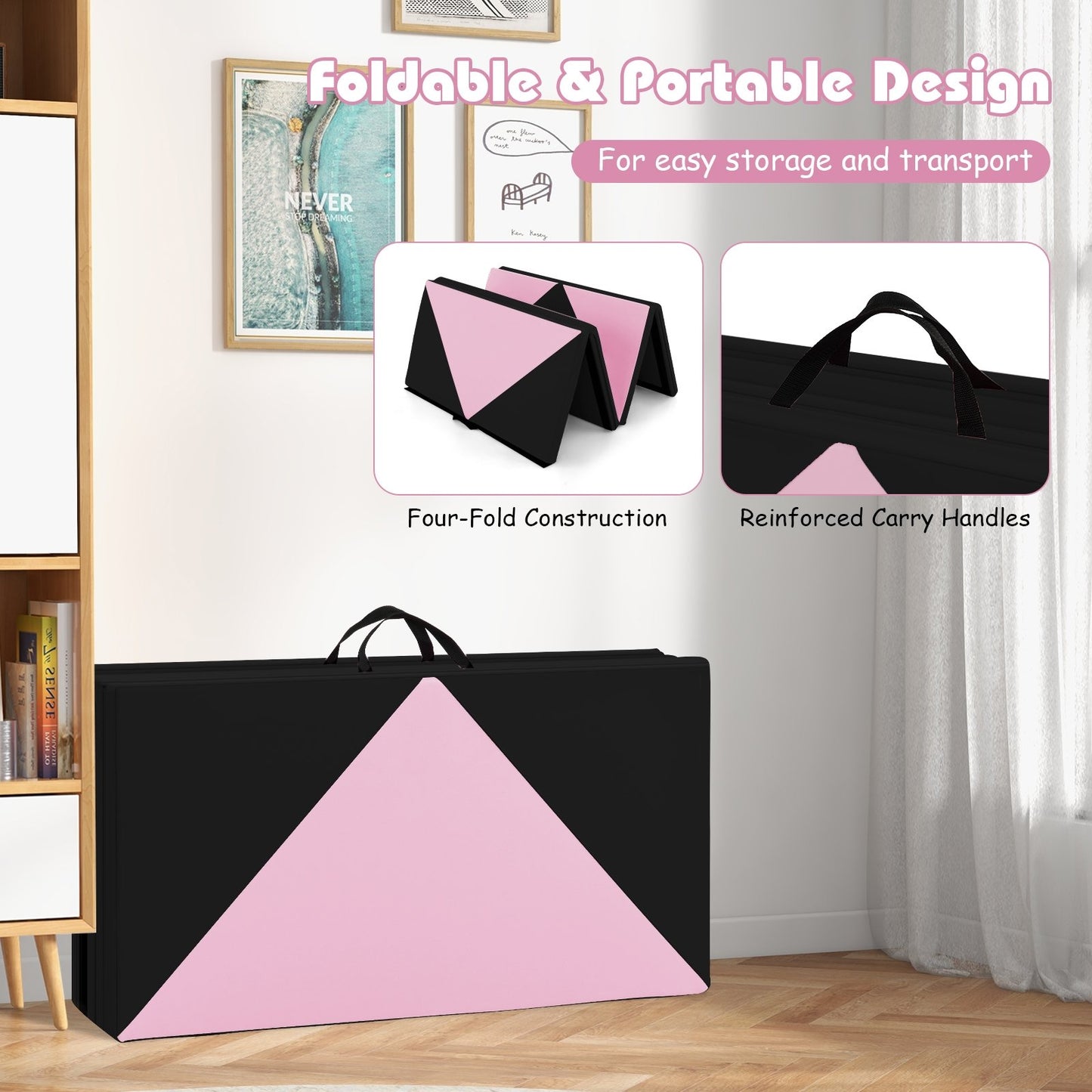 8 Feet PU Leather Folding Gymnastics Mat with Hook and Loop Fasteners, Black & Pink Yoga & Gym Mats   at Gallery Canada