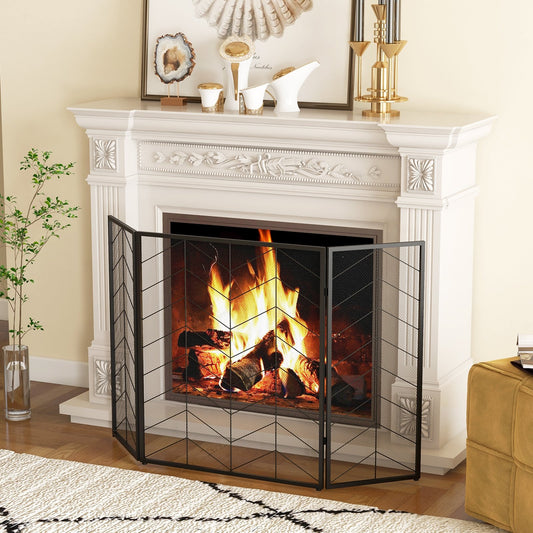 52 x 31 Inch Fireplace Screen with Chevron Herringbone Pattern, Black & Gray - Gallery Canada