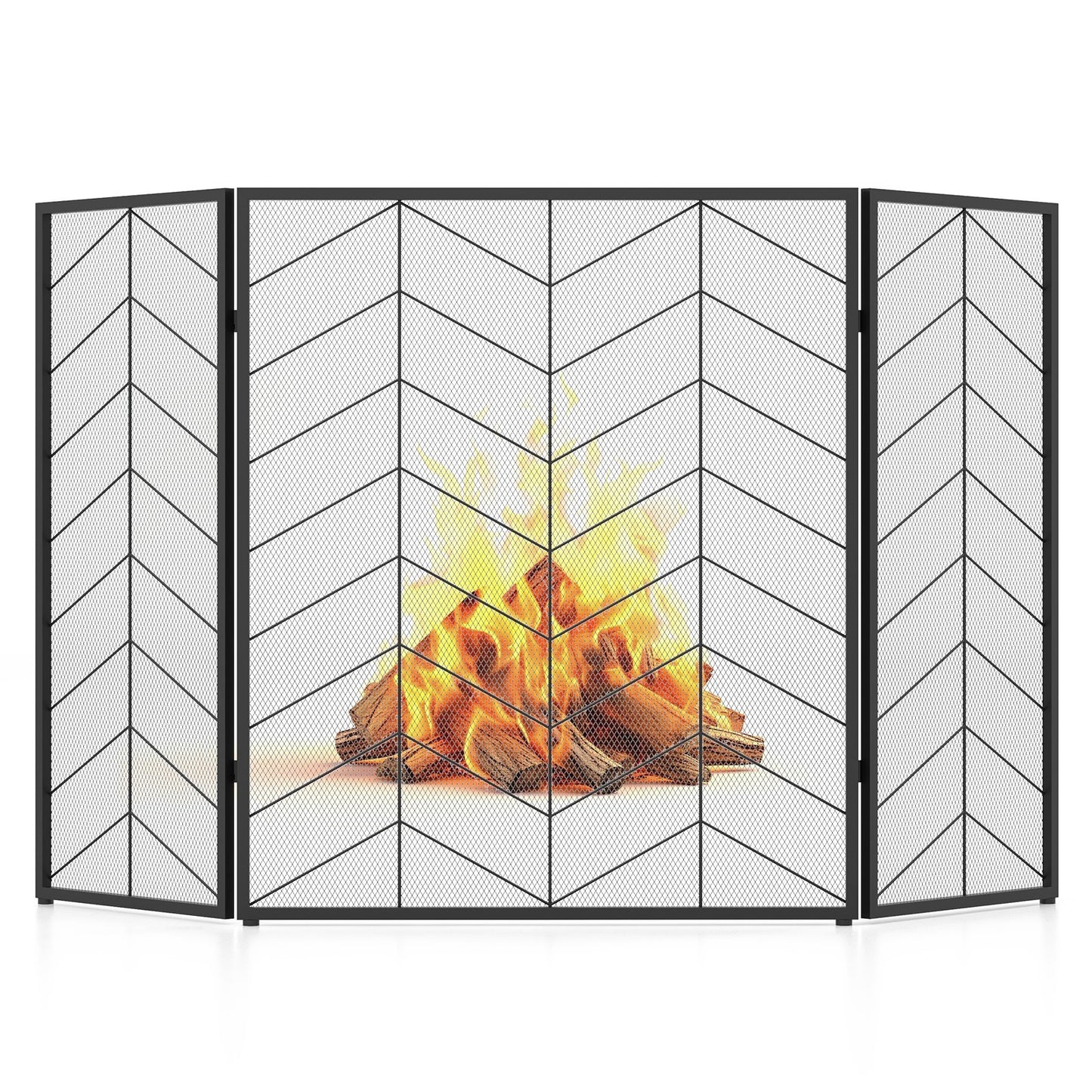 52 x 31 Inch Fireplace Screen with Chevron Herringbone Pattern, Black & Gray Fireplace Tools   at Gallery Canada