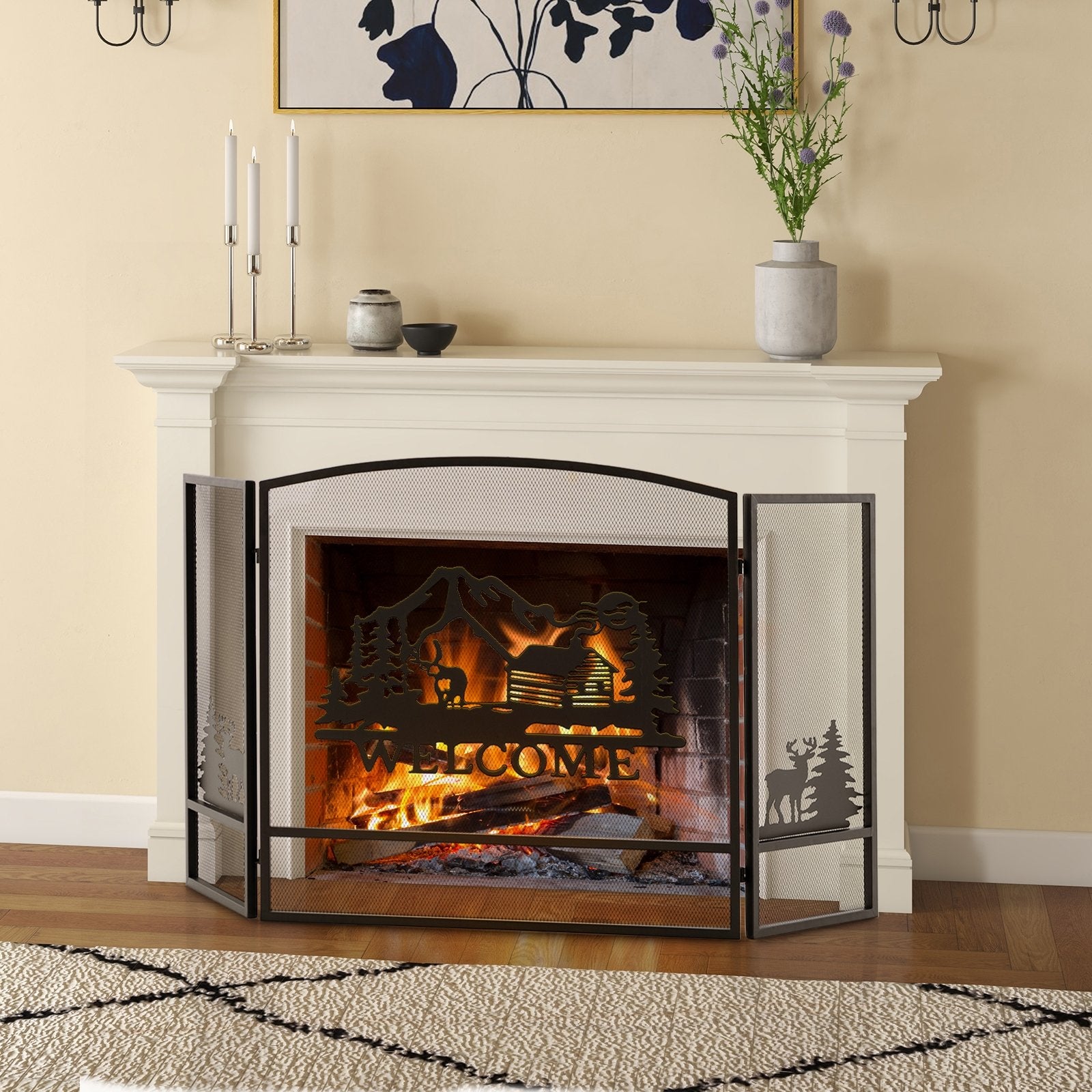 55 x 29.5 Inch Fireplace Screen with Natural Scenery and Moose Pattern, Black Fireplace Tools   at Gallery Canada