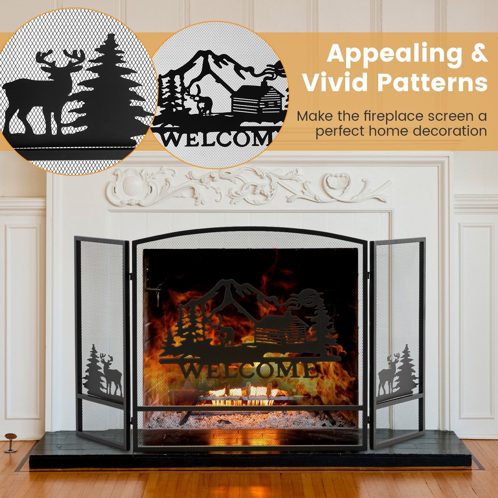 55 x 29.5 Inch Fireplace Screen with Natural Scenery and Moose Pattern, Black Fireplace Tools   at Gallery Canada