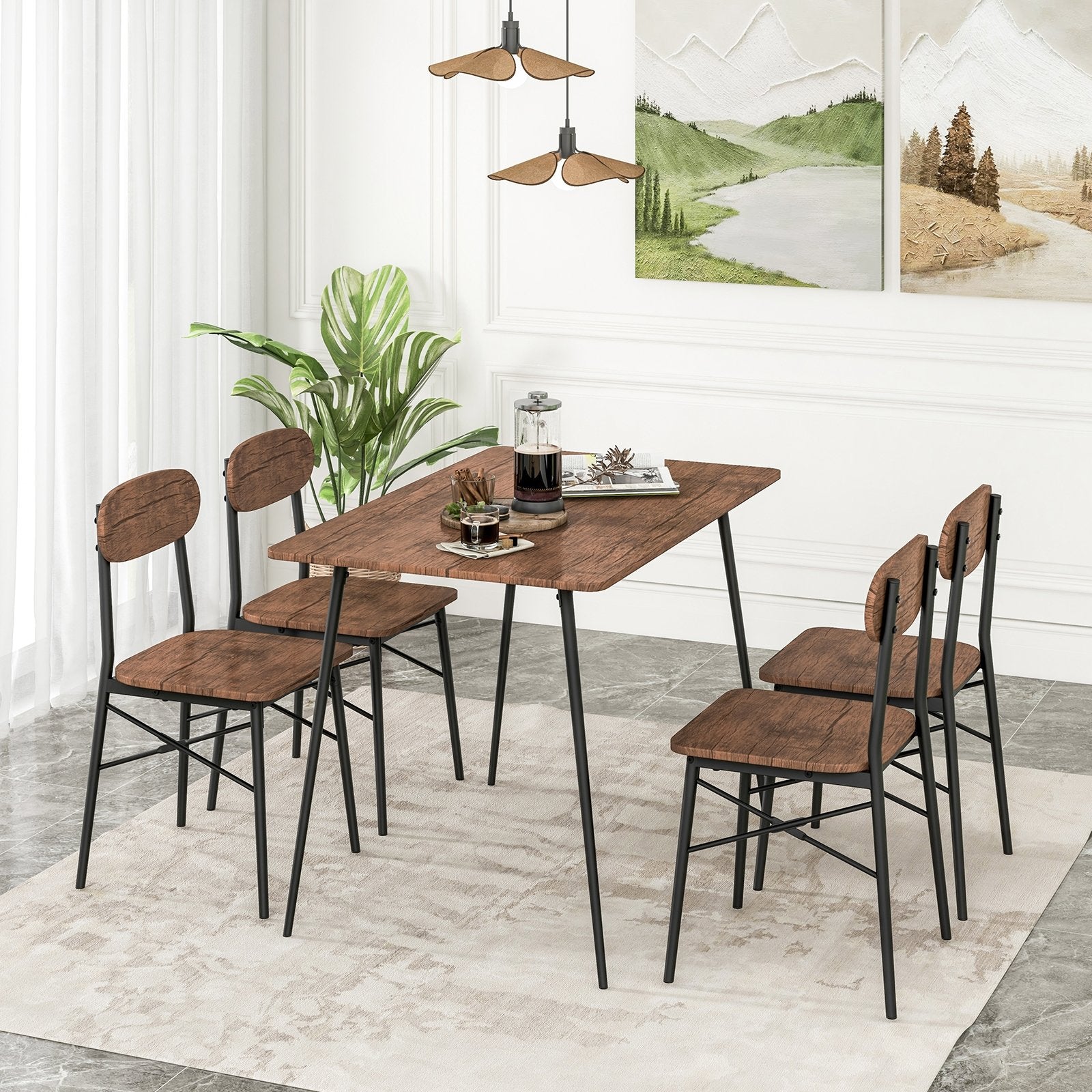 5 Piece Dining Table Set Rectangular with Backrest and Metal Legs for Breakfast Nook, Rustic Brown Dining Room Sets   at Gallery Canada