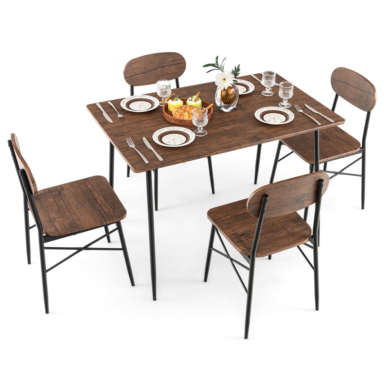 5 Piece Dining Table Set Rectangular with Backrest and Metal Legs for Breakfast Nook, Rustic Brown Dining Room Sets   at Gallery Canada