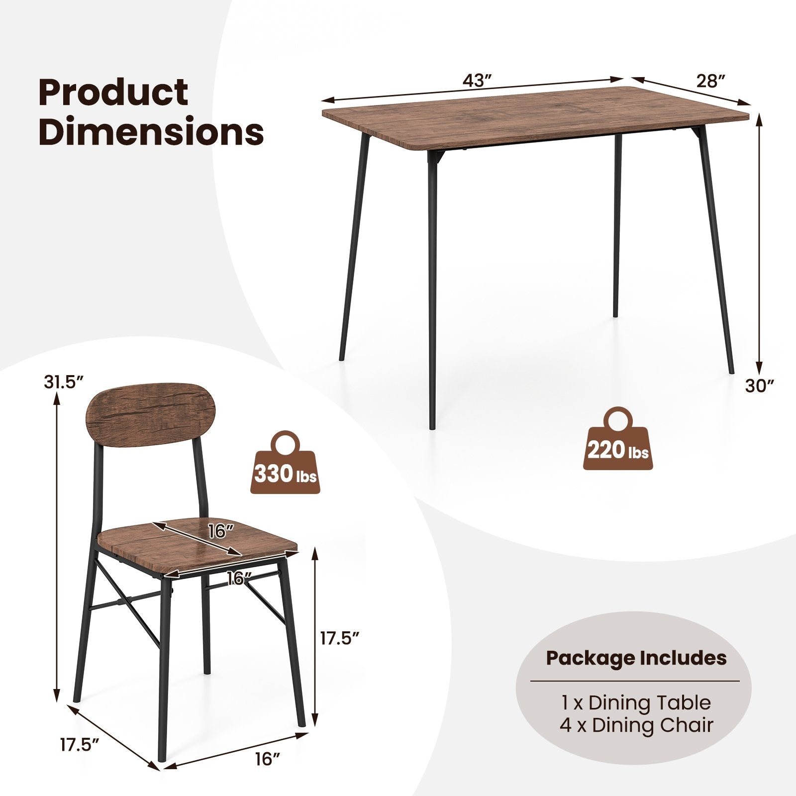 5 Piece Dining Table Set Rectangular with Backrest and Metal Legs for Breakfast Nook, Rustic Brown Dining Room Sets   at Gallery Canada