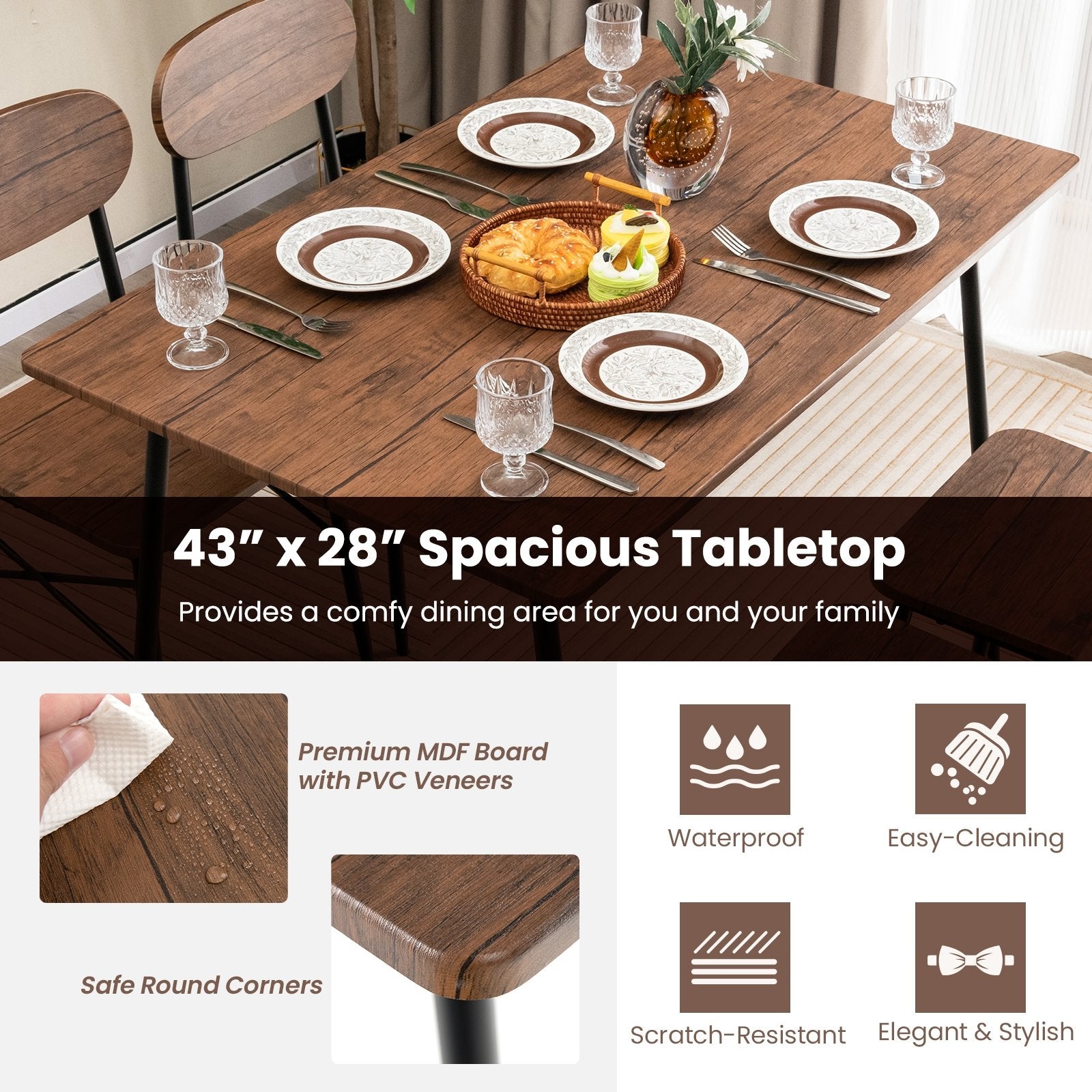 5 Piece Dining Table Set Rectangular with Backrest and Metal Legs for Breakfast Nook, Rustic Brown Dining Room Sets   at Gallery Canada